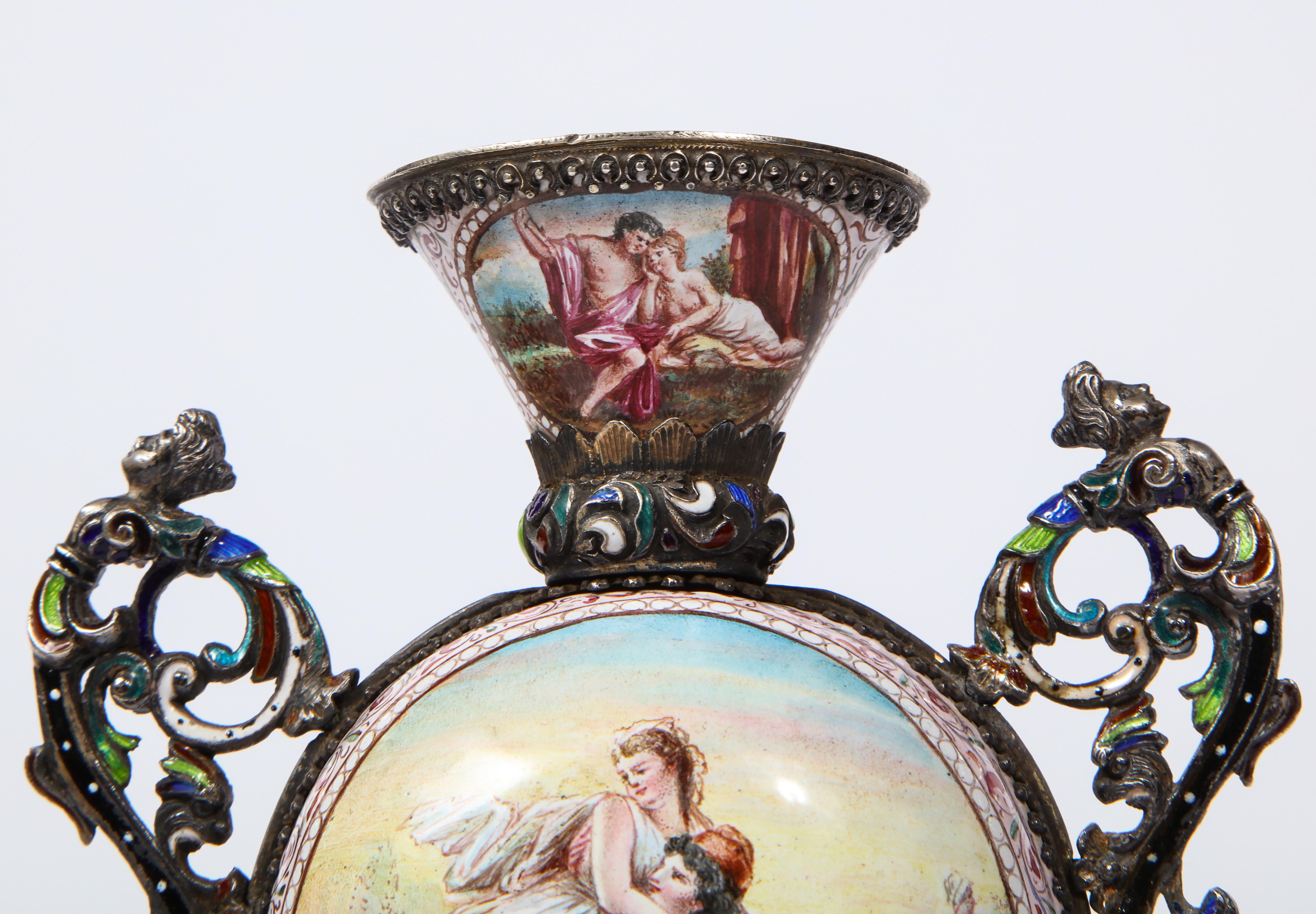 Pr. Viennese Enamel on Silver Vases with Mythological Scenes Signed Hallmarks HB 5