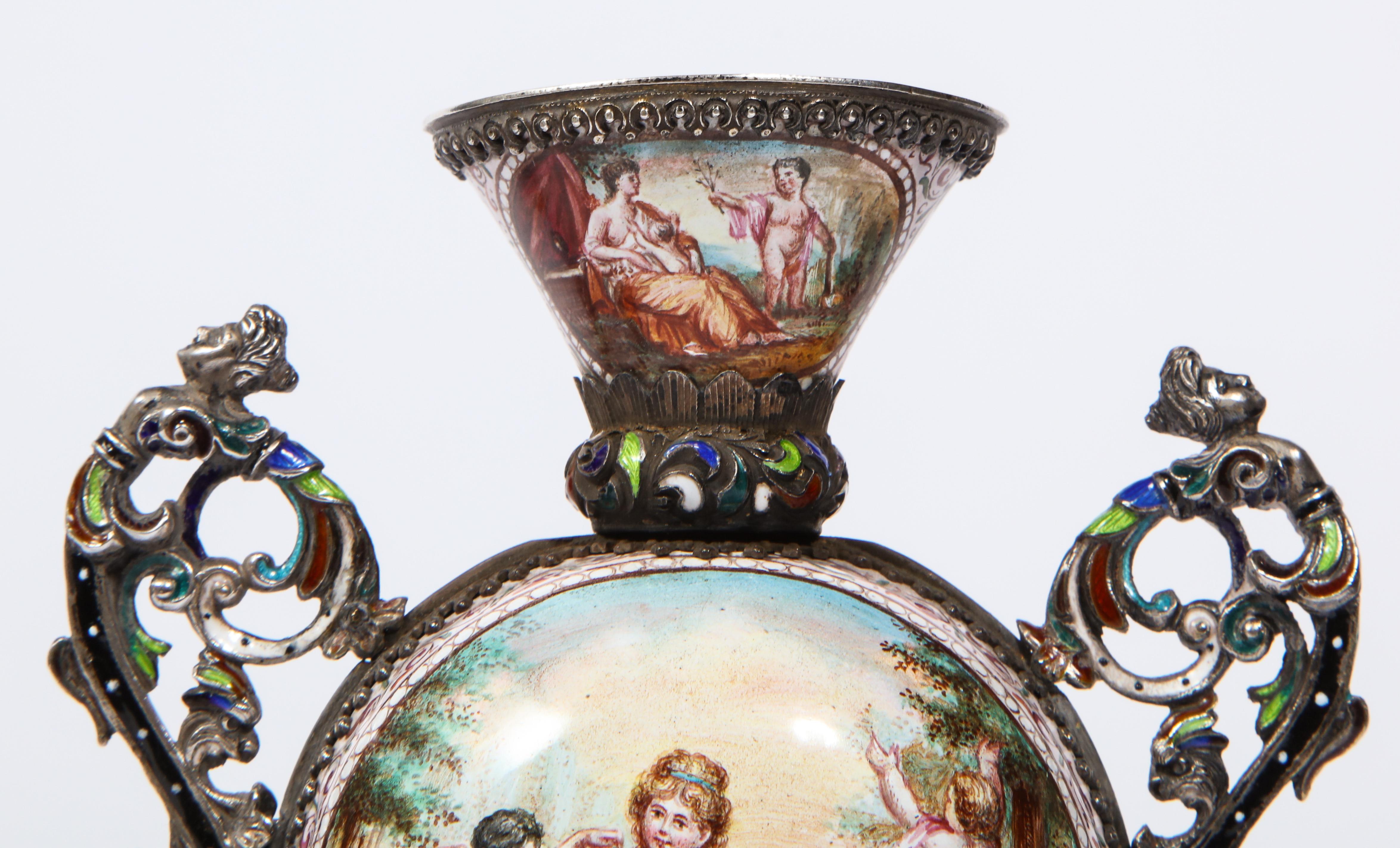 Pr. Viennese Enamel on Silver Vases with Mythological Scenes Signed Hallmarks HB 6