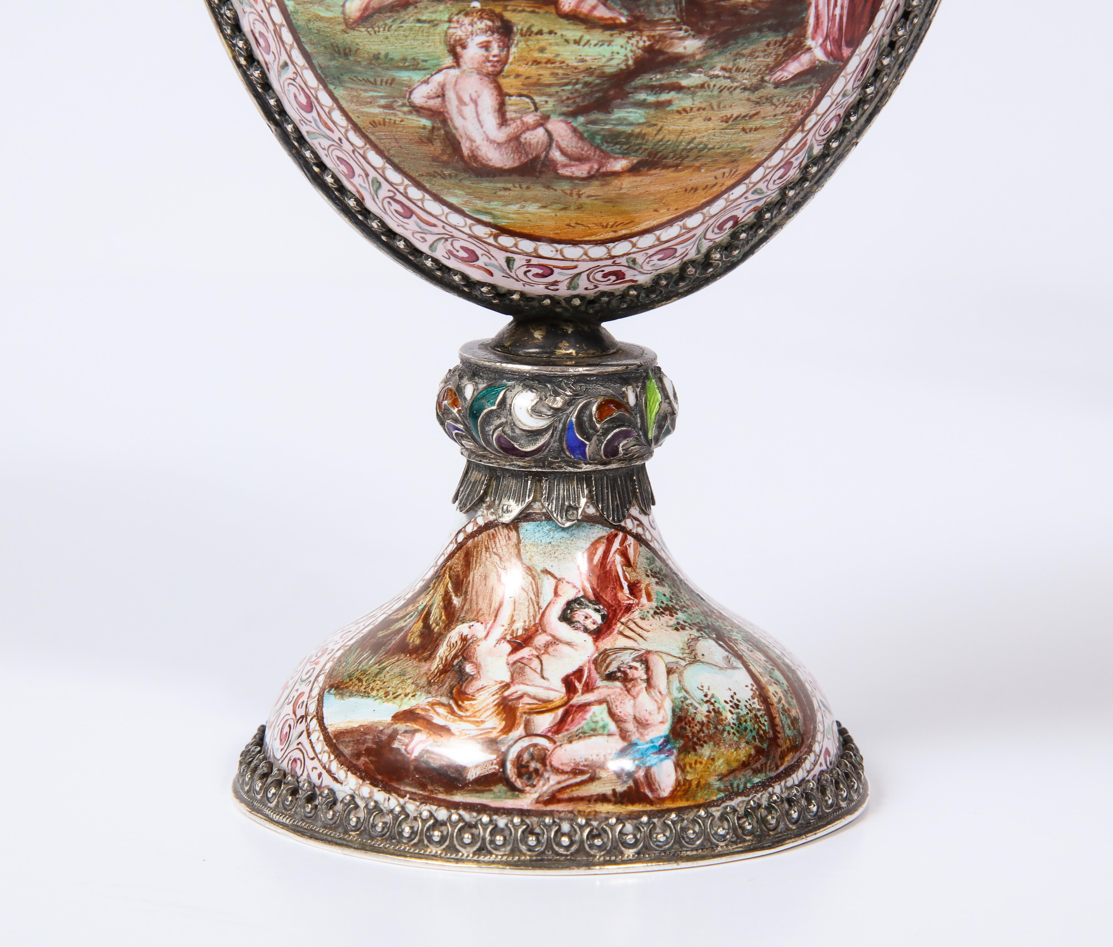 Pr. Viennese Enamel on Silver Vases with Mythological Scenes Signed Hallmarks HB 7