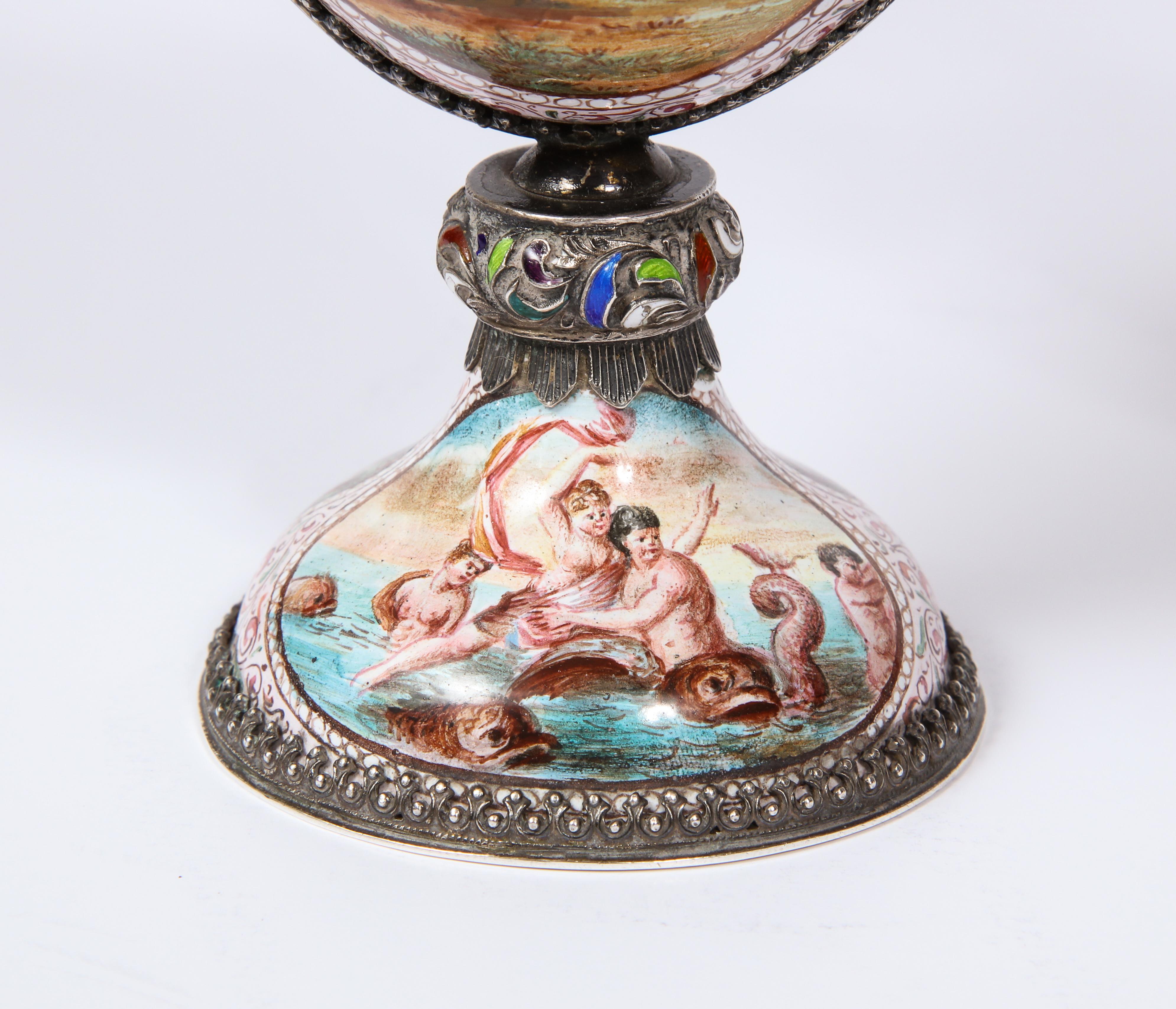 Pr. Viennese Enamel on Silver Vases with Mythological Scenes Signed Hallmarks HB 8