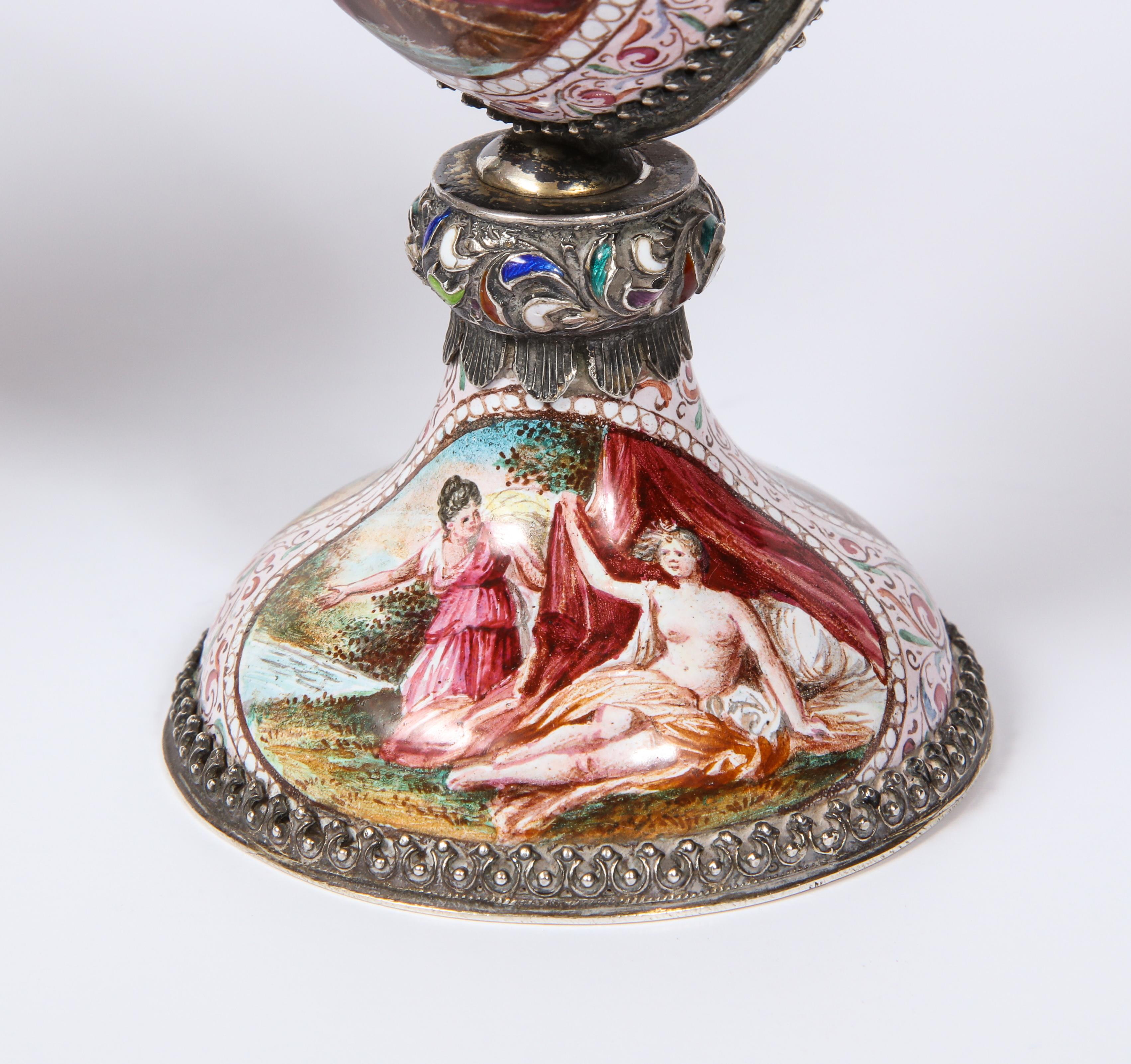 Pr. Viennese Enamel on Silver Vases with Mythological Scenes Signed Hallmarks HB 9