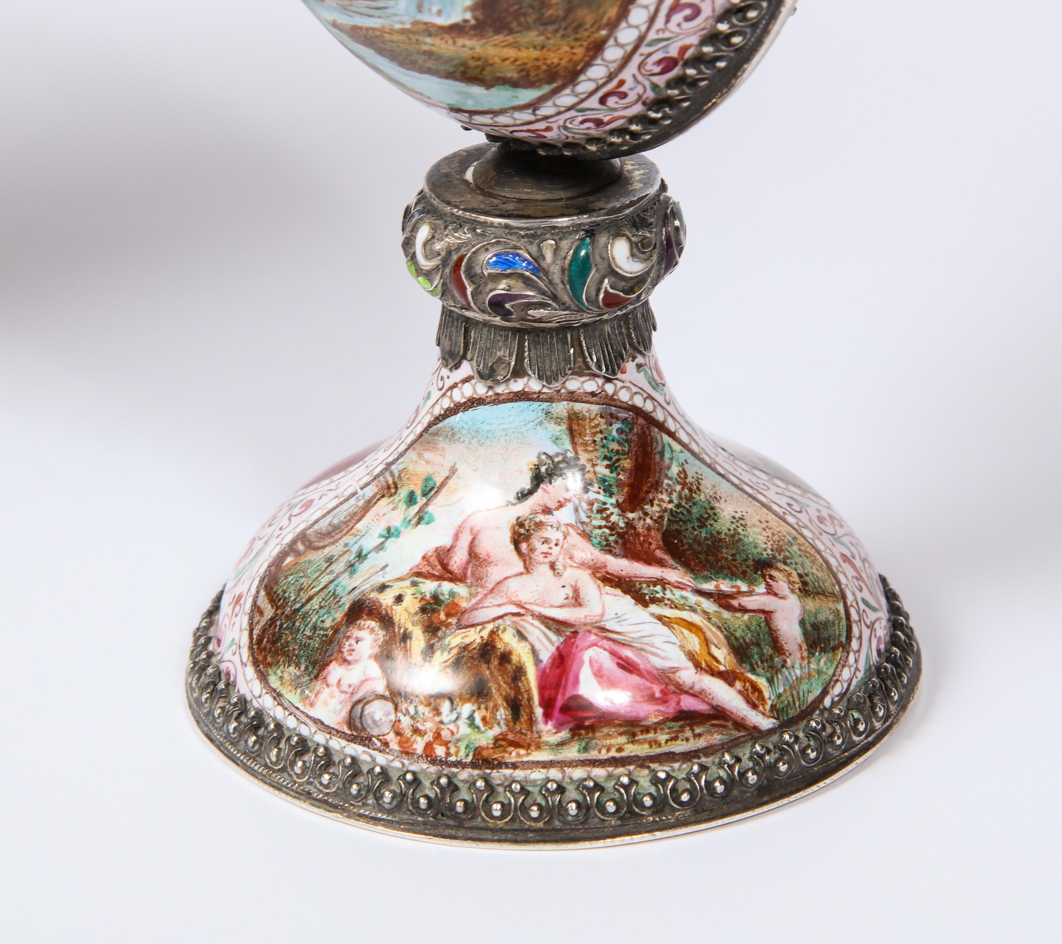 Pr. Viennese Enamel on Silver Vases with Mythological Scenes Signed Hallmarks HB 10