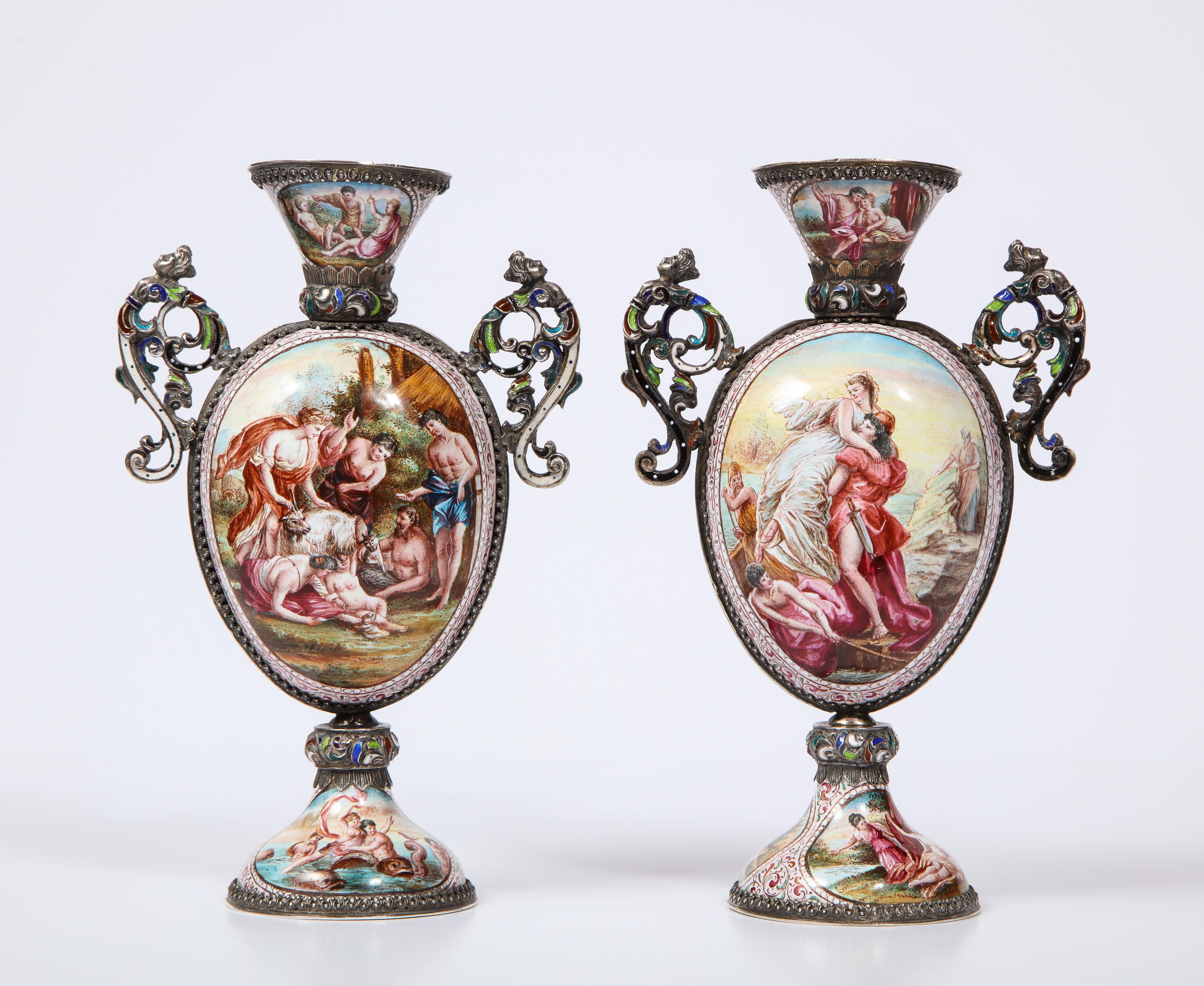 Other Pr. Viennese Enamel on Silver Vases with Mythological Scenes Signed Hallmarks HB