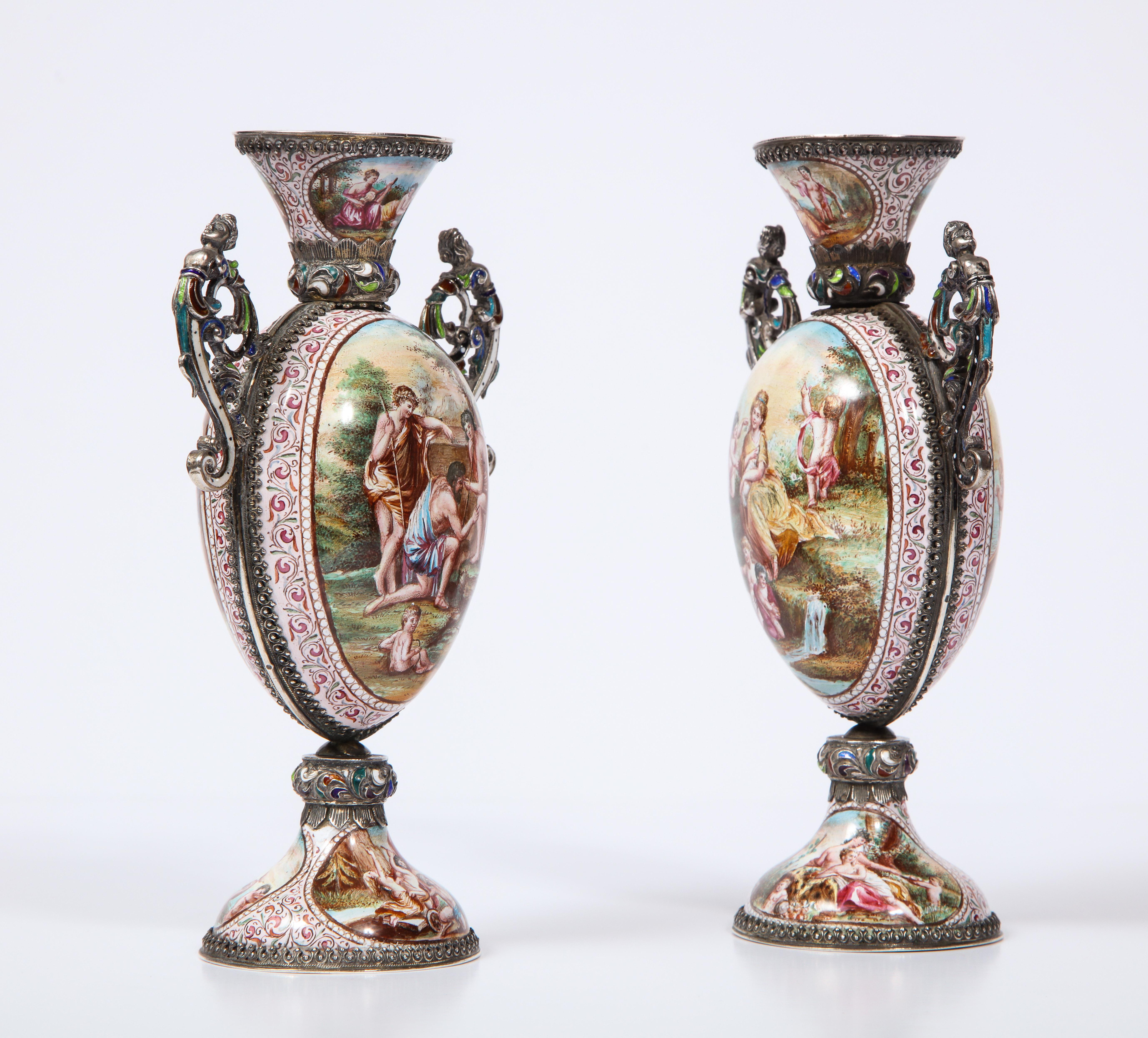 Austrian Pr. Viennese Enamel on Silver Vases with Mythological Scenes Signed Hallmarks HB