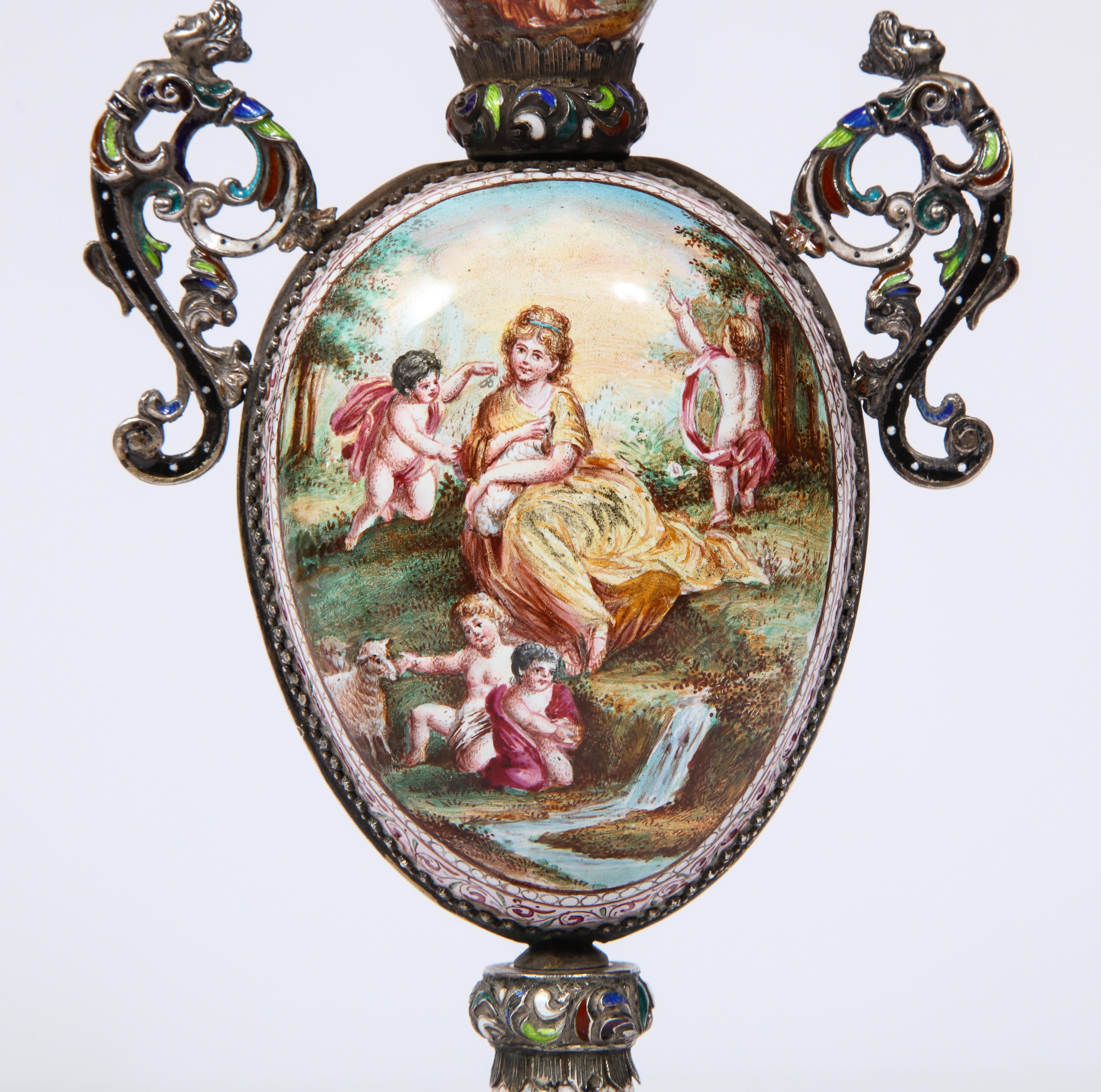 Pr. Viennese Enamel on Silver Vases with Mythological Scenes Signed Hallmarks HB In Excellent Condition In New York, NY