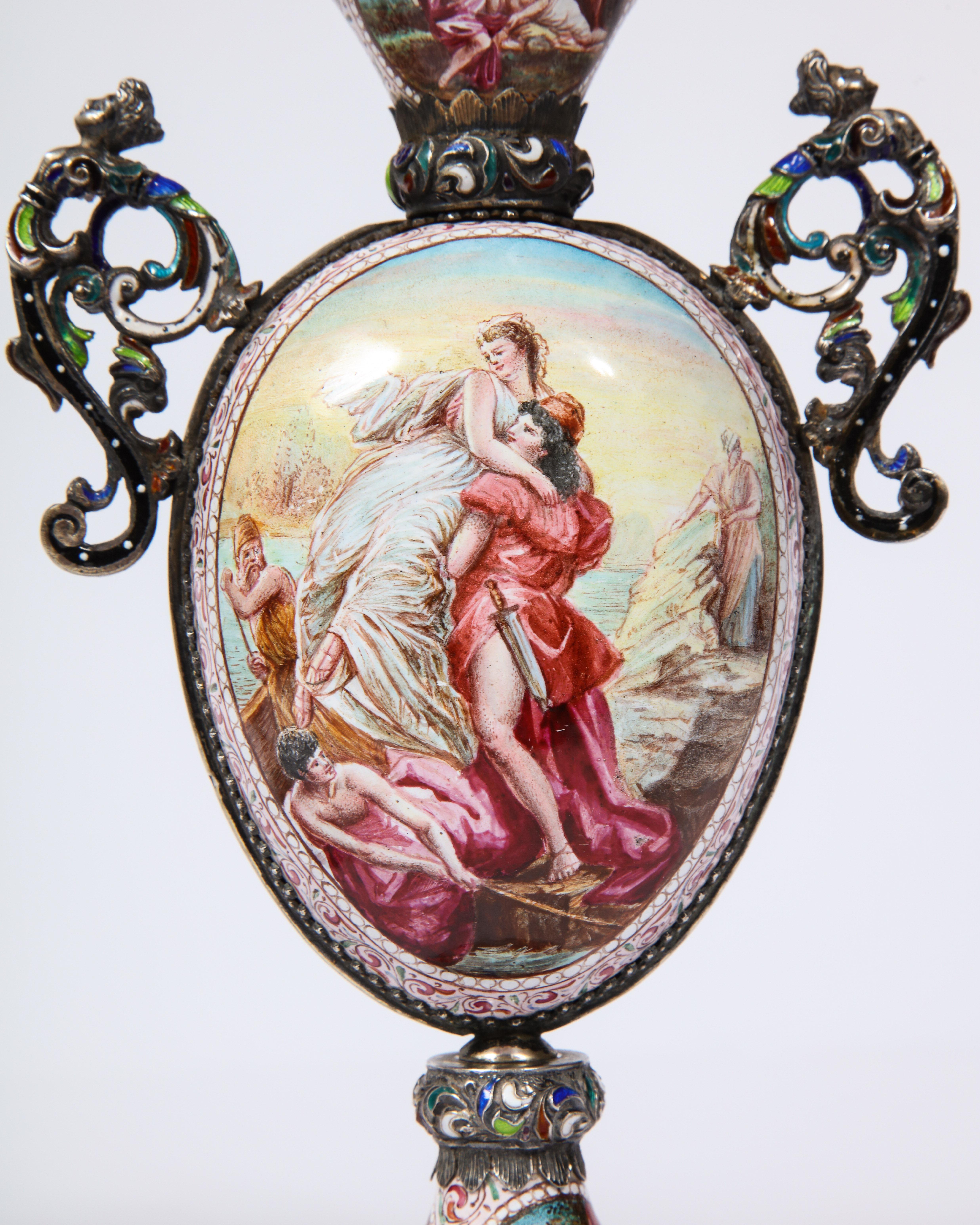 Late 19th Century Pr. Viennese Enamel on Silver Vases with Mythological Scenes Signed Hallmarks HB