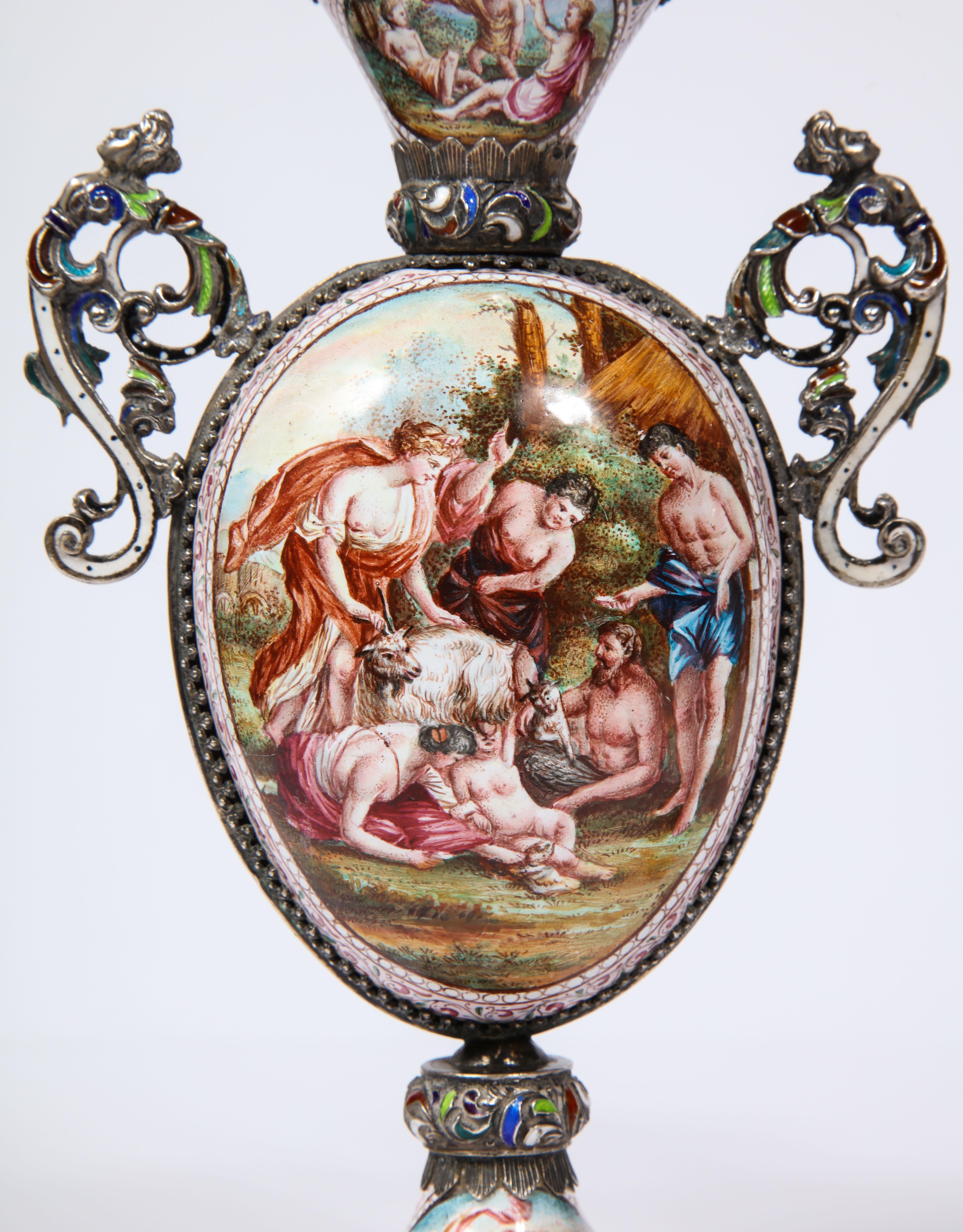 Pr. Viennese Enamel on Silver Vases with Mythological Scenes Signed Hallmarks HB 1