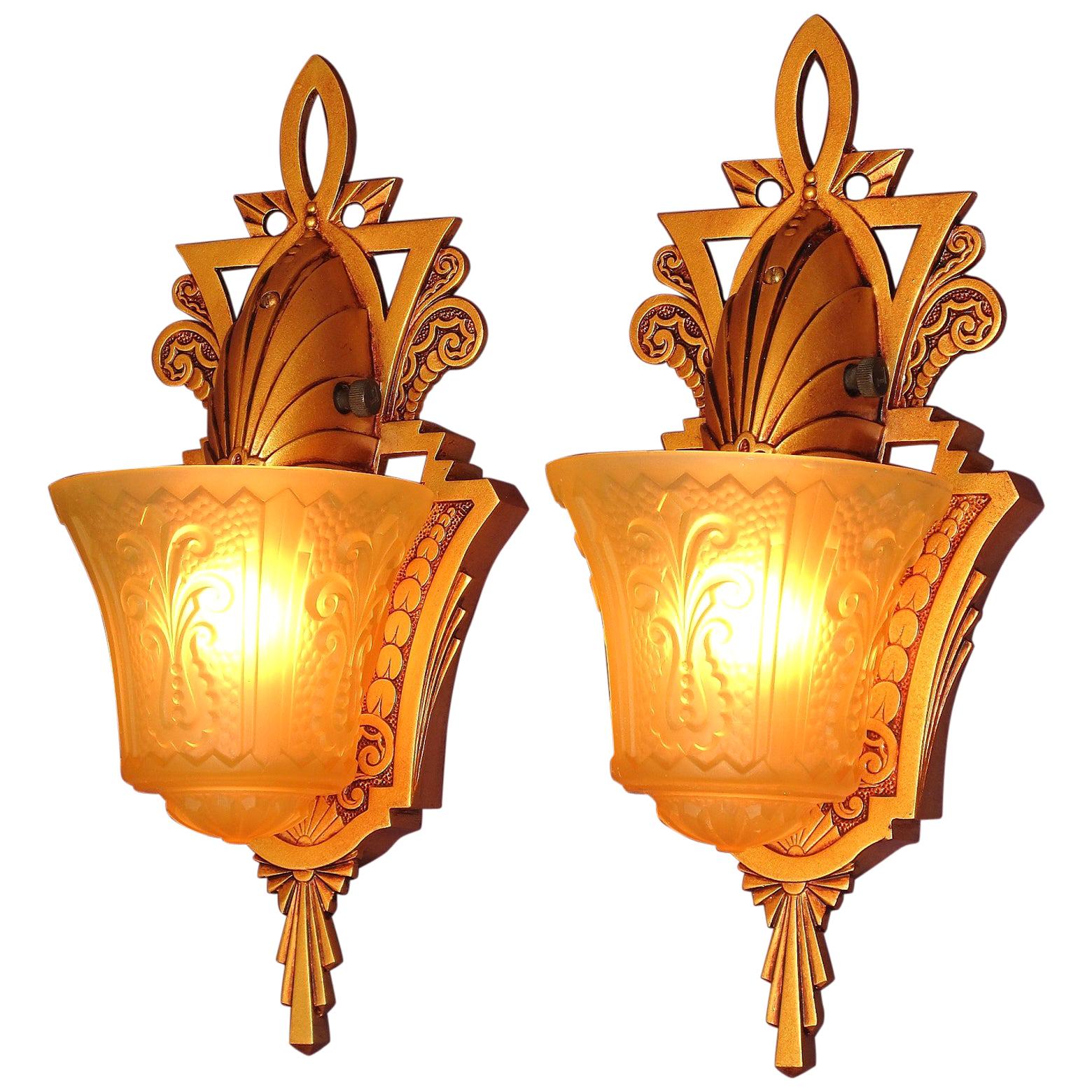 Pair of Beardslee Art Deco Slip Shade Sconces Warm Golden with Amber Shades For Sale