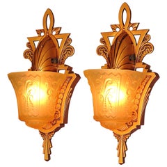 Vintage Pair of Beardslee Art Deco Slip Shade Sconces Warm Golden with Amber Shades