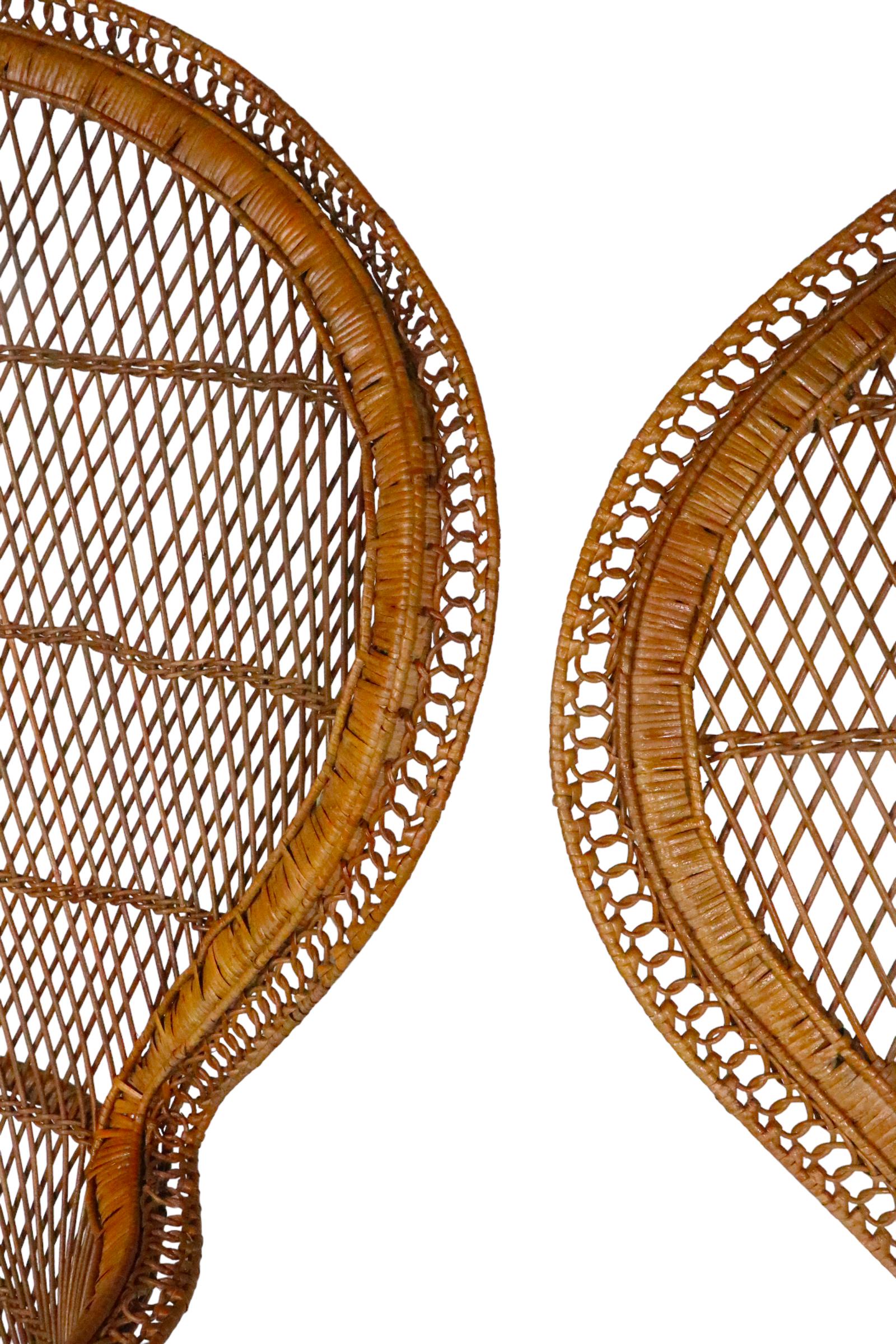French Pr. Vintage Emanuelle Peacock Woven Wicker  Chairs c. 1970's For Sale