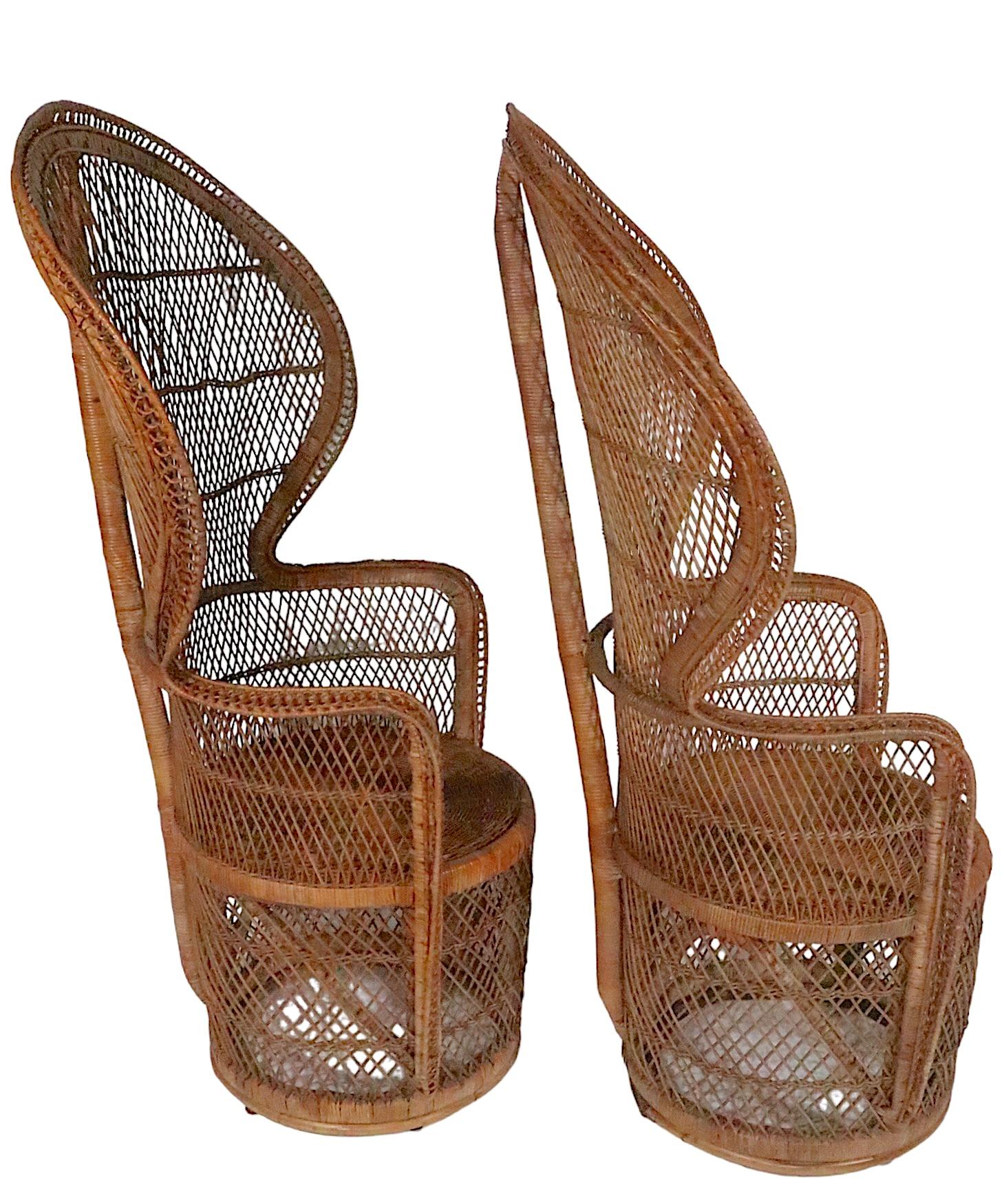 Pr. Vintage Emanuelle Peacock Woven Wicker  Chairs c. 1970's For Sale 3