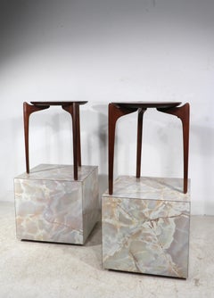 Pr. Vintage Formica Cube Form Faux Marble  End Tables Pedestals