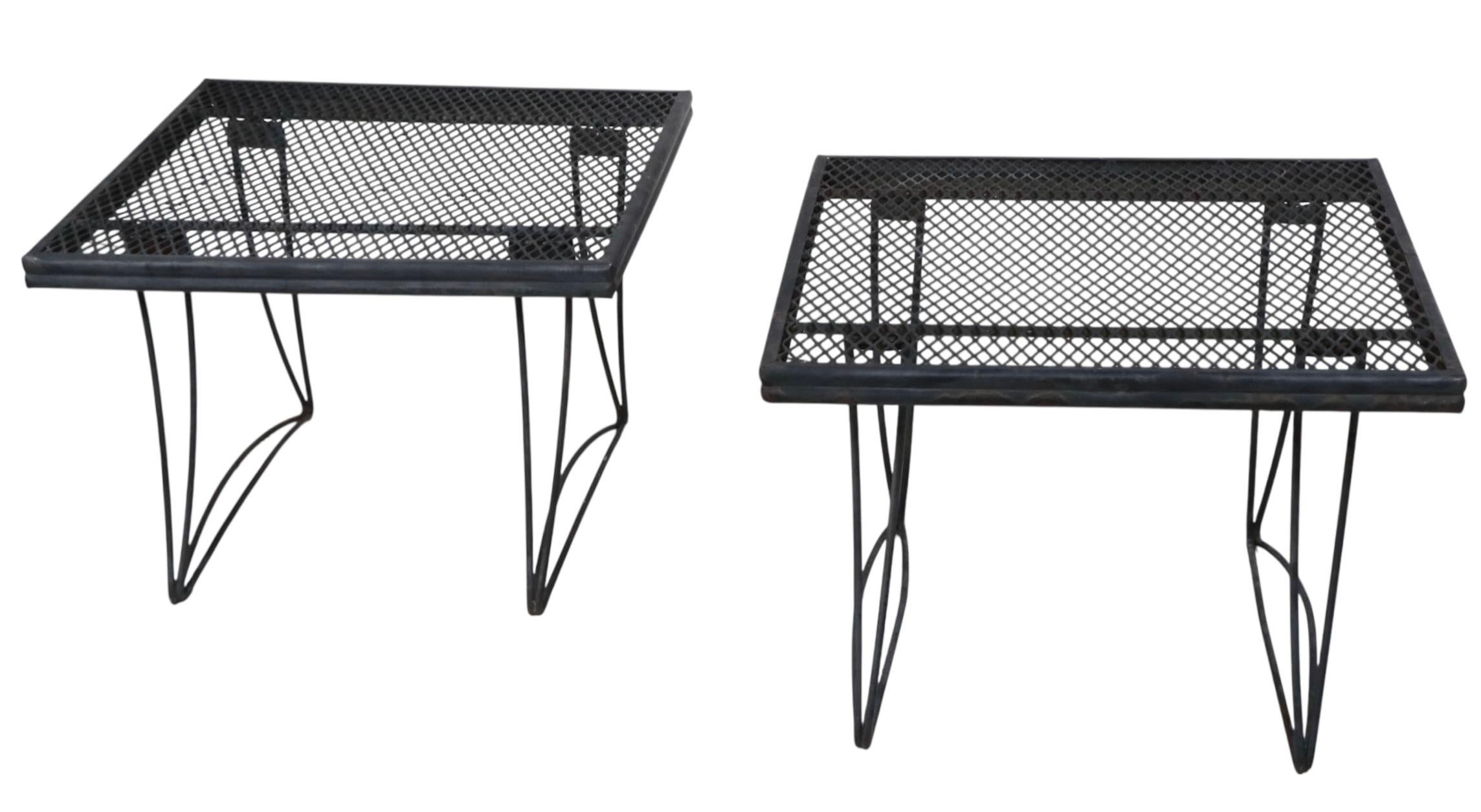 Chic pair of vintage garden, patio, poolside tables, by Homecrest, as part of the Bottemiller Siesta series. Both tables are in very good original, clean and ready to use condition, showing only light cosmetic wear, normal and consistent with age. 
