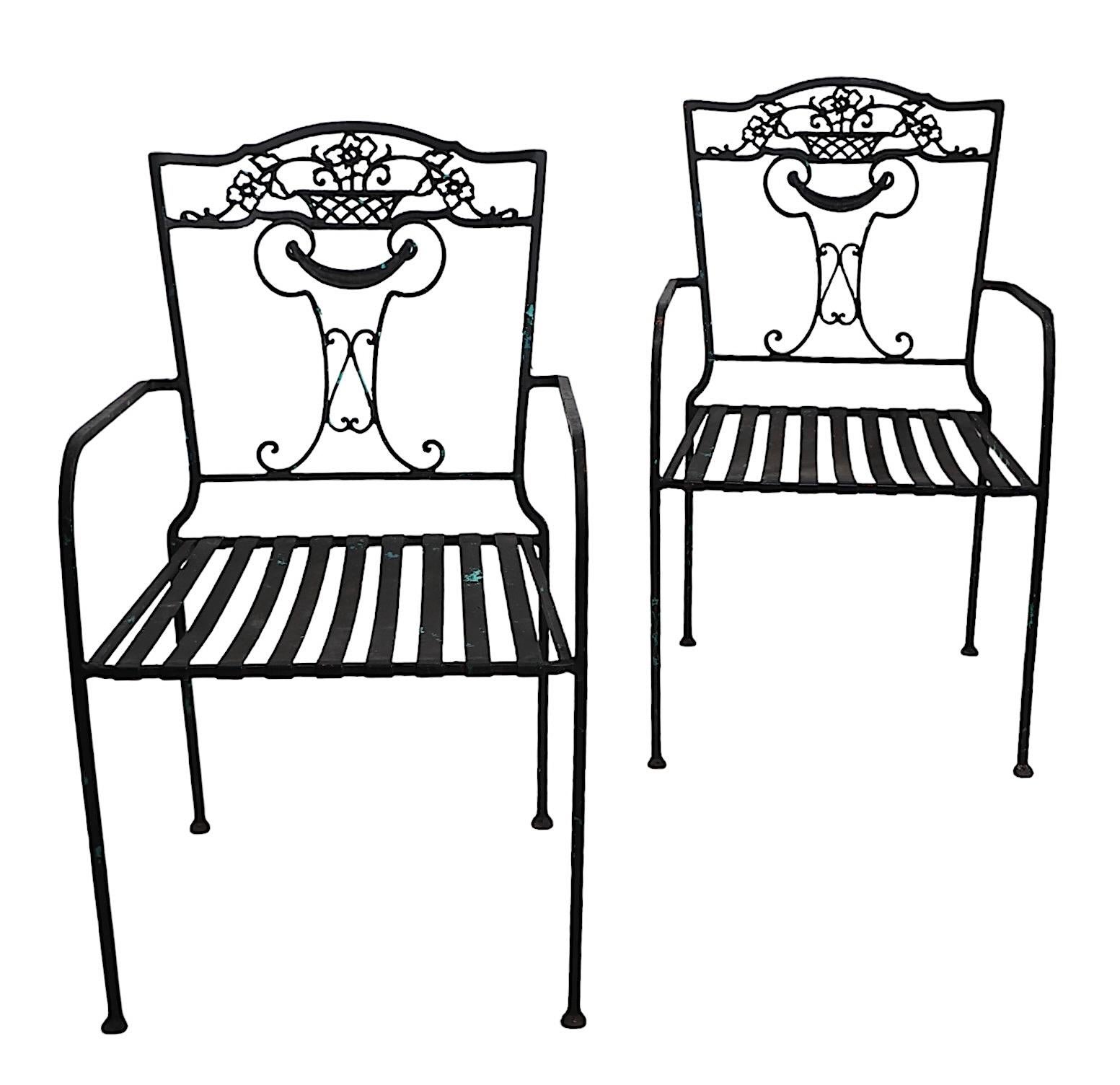 Pr.  Vintage Wrought Iron Dining Height Arm Chairs c. 1920/60's In Good Condition For Sale In New York, NY