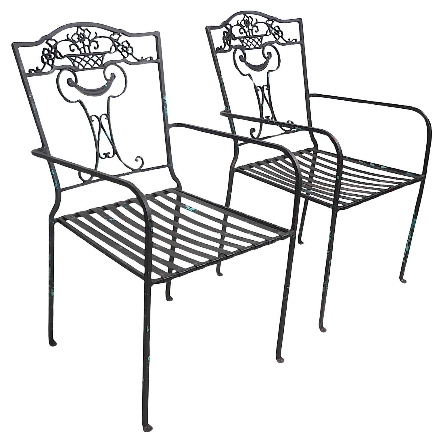 Pr.  Vintage Wrought Iron Dining Height Arm Chairs c. 1920/60's For Sale