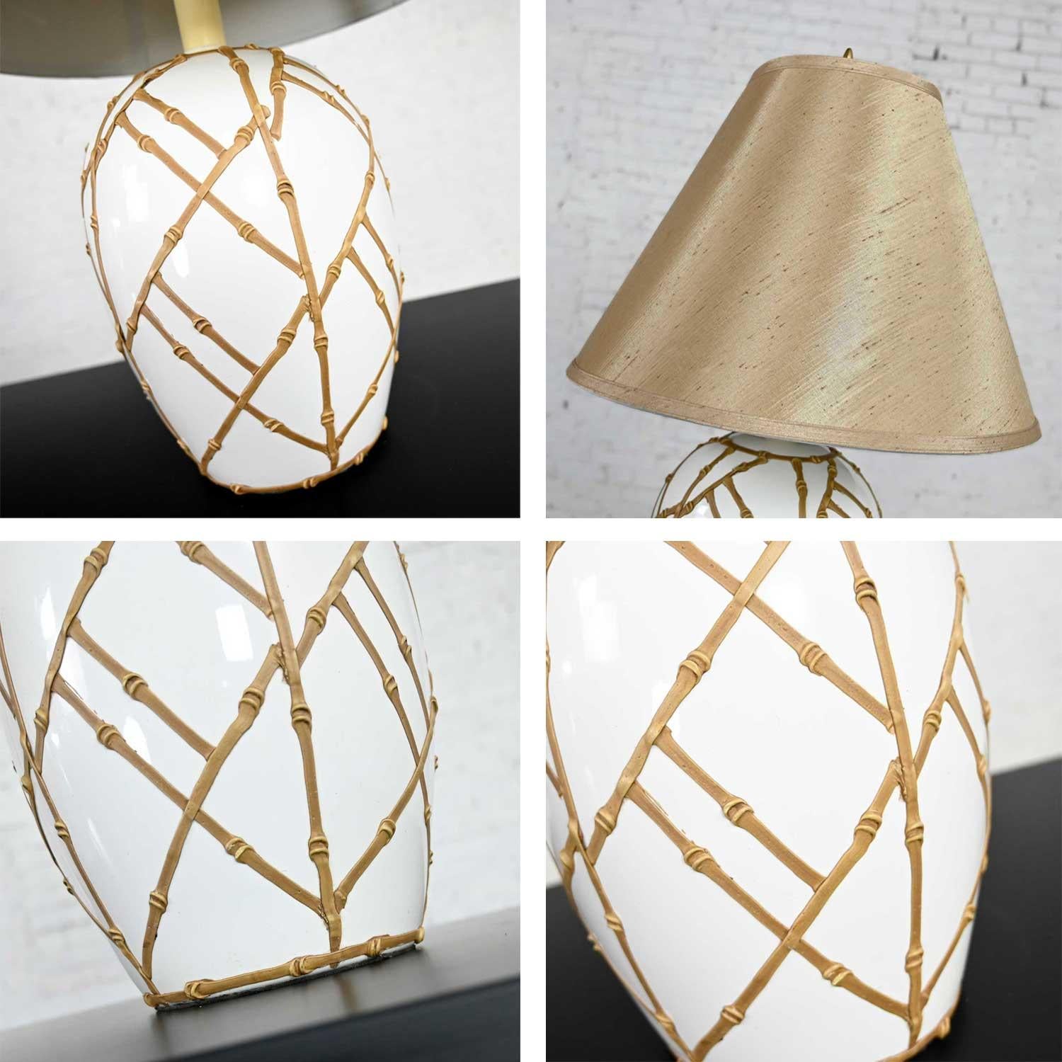 Pr White Chinoiserie Ginger Jar Lamps Gold Frosting Style Applied Bamboo Design 7