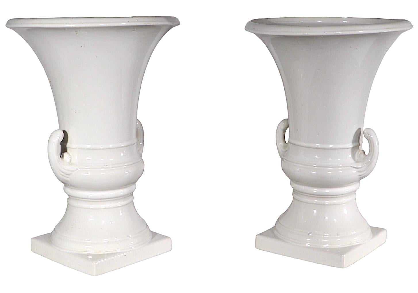 Pr. White on White Ceramic Urn Campagna  Form Vases   For Sale 4
