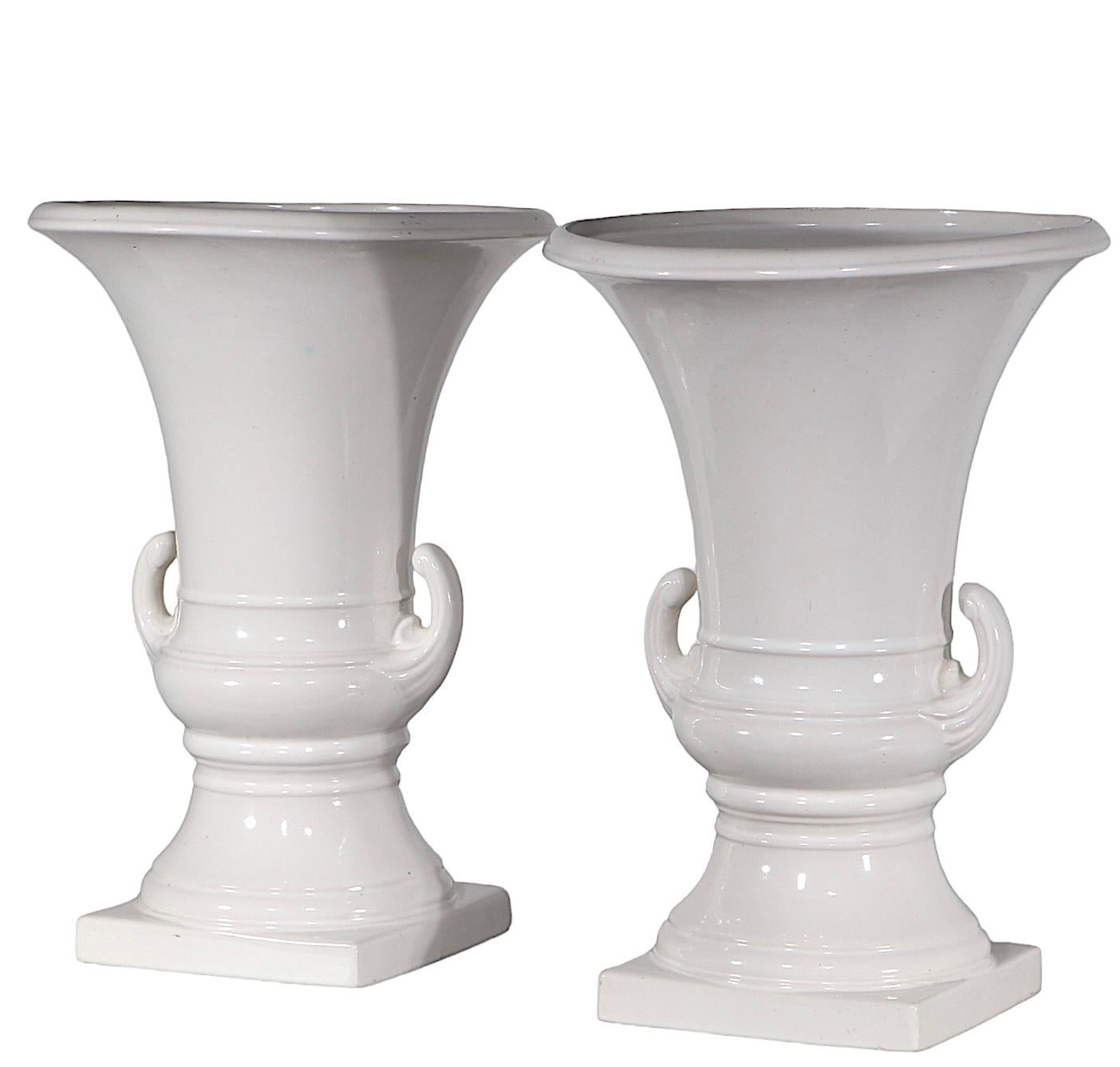 Pr. White on White Ceramic Urn Campagna  Form Vases   For Sale 5
