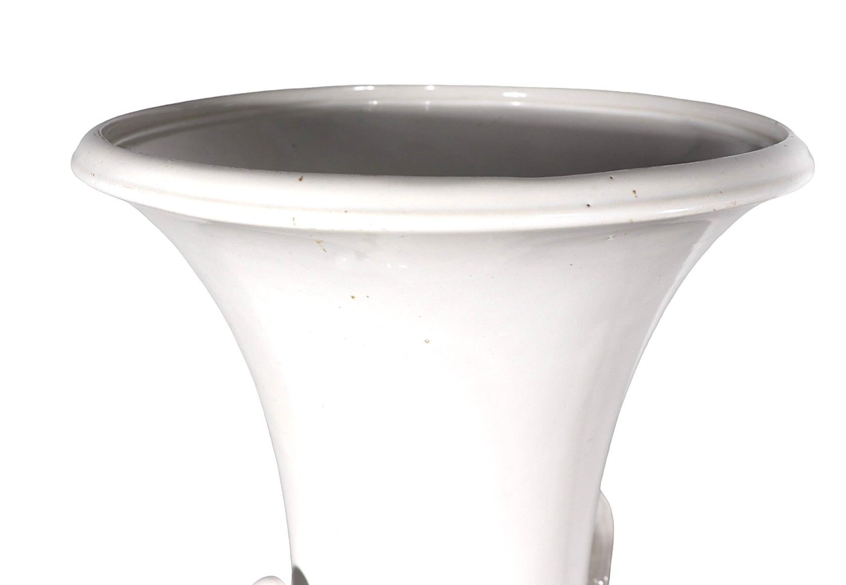Neoclassical Revival Pr. White on White Ceramic Urn Campagna  Form Vases   For Sale