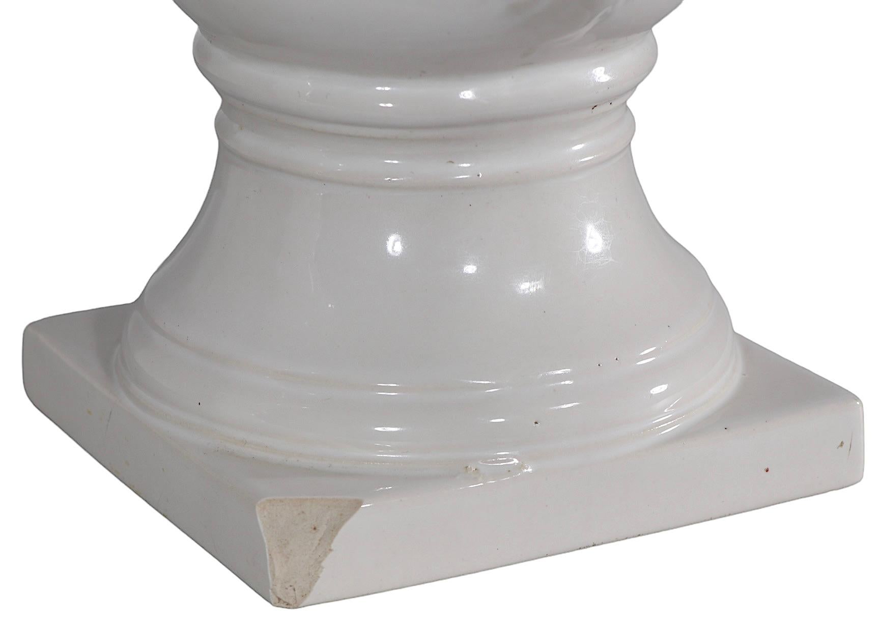 Pr. White on White Ceramic Urn Campagna  Form Vases   In Good Condition For Sale In New York, NY