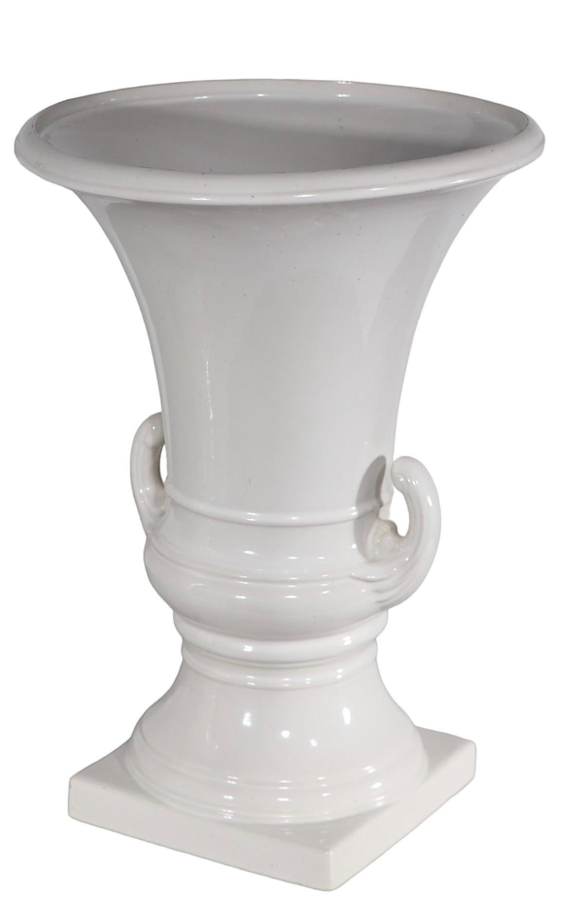 Pr. White on White Ceramic Urn Campagna  Form Vases   For Sale 1