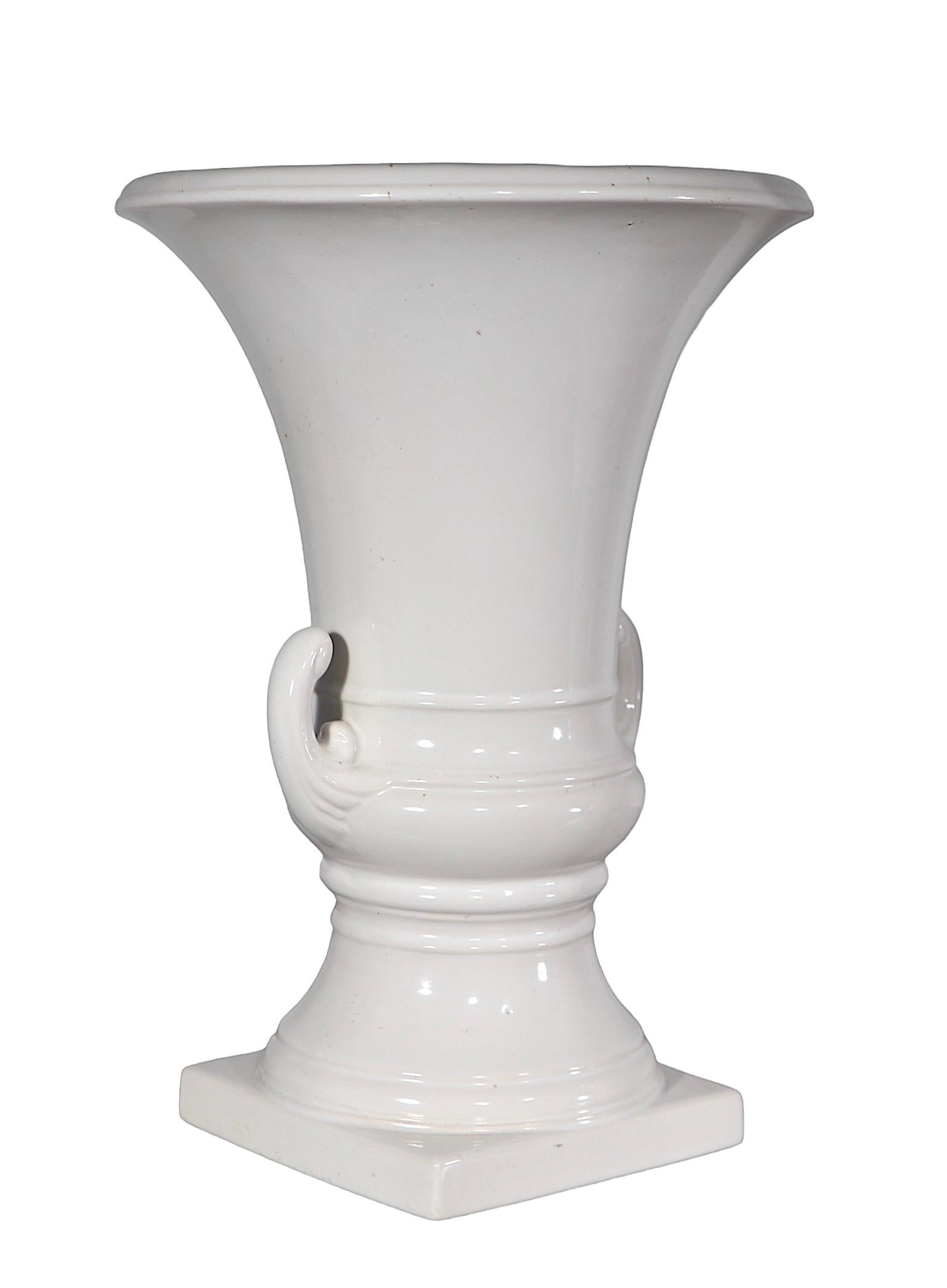 Pr. White on White Ceramic Urn Campagna  Form Vases   For Sale 2