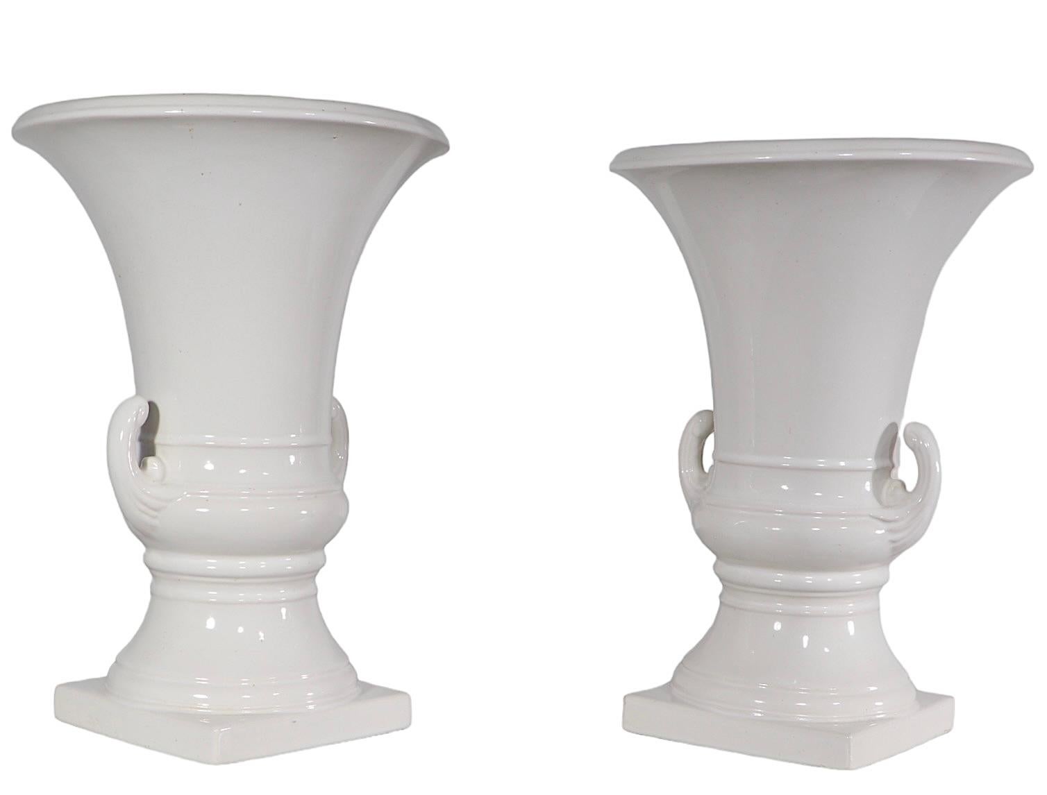 Pr. White on White Ceramic Urn Campagna  Form Vases   For Sale 3