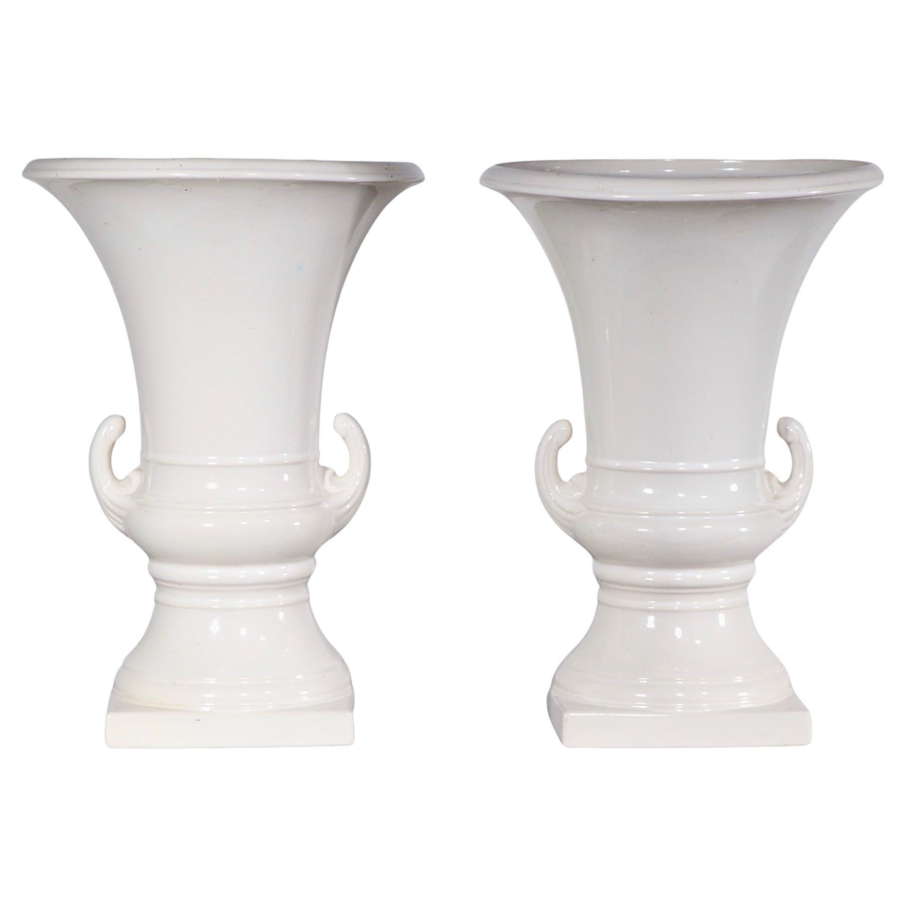 Pr. White on White Ceramic Urn Campagna  Form Vases   For Sale