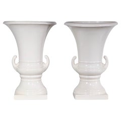 Pr. White on White Ceramic Urn Campagna  Form Vases  