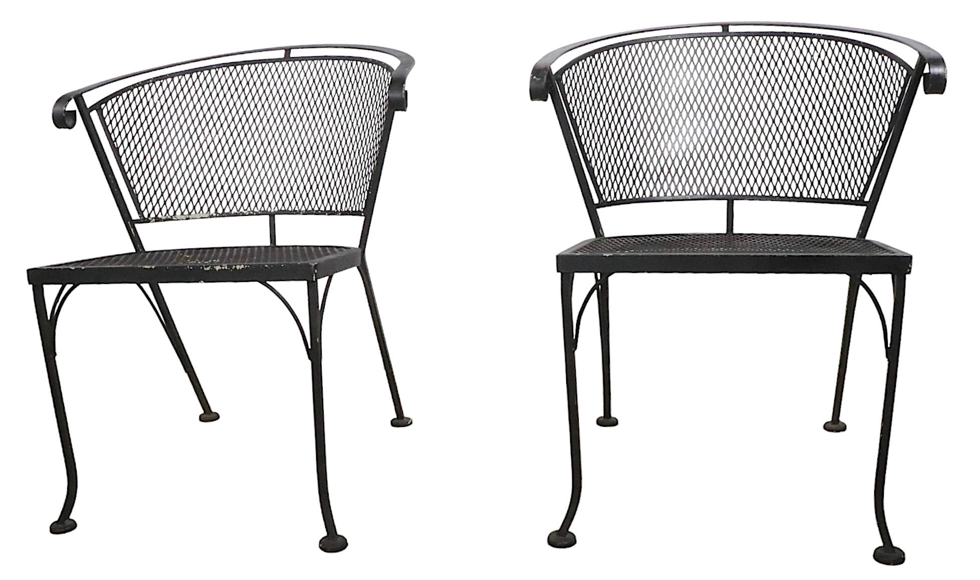 Pr Vintage  Woodard Garden Patio Poolside Chairs in Wrought Iron and Metal Mesh  2