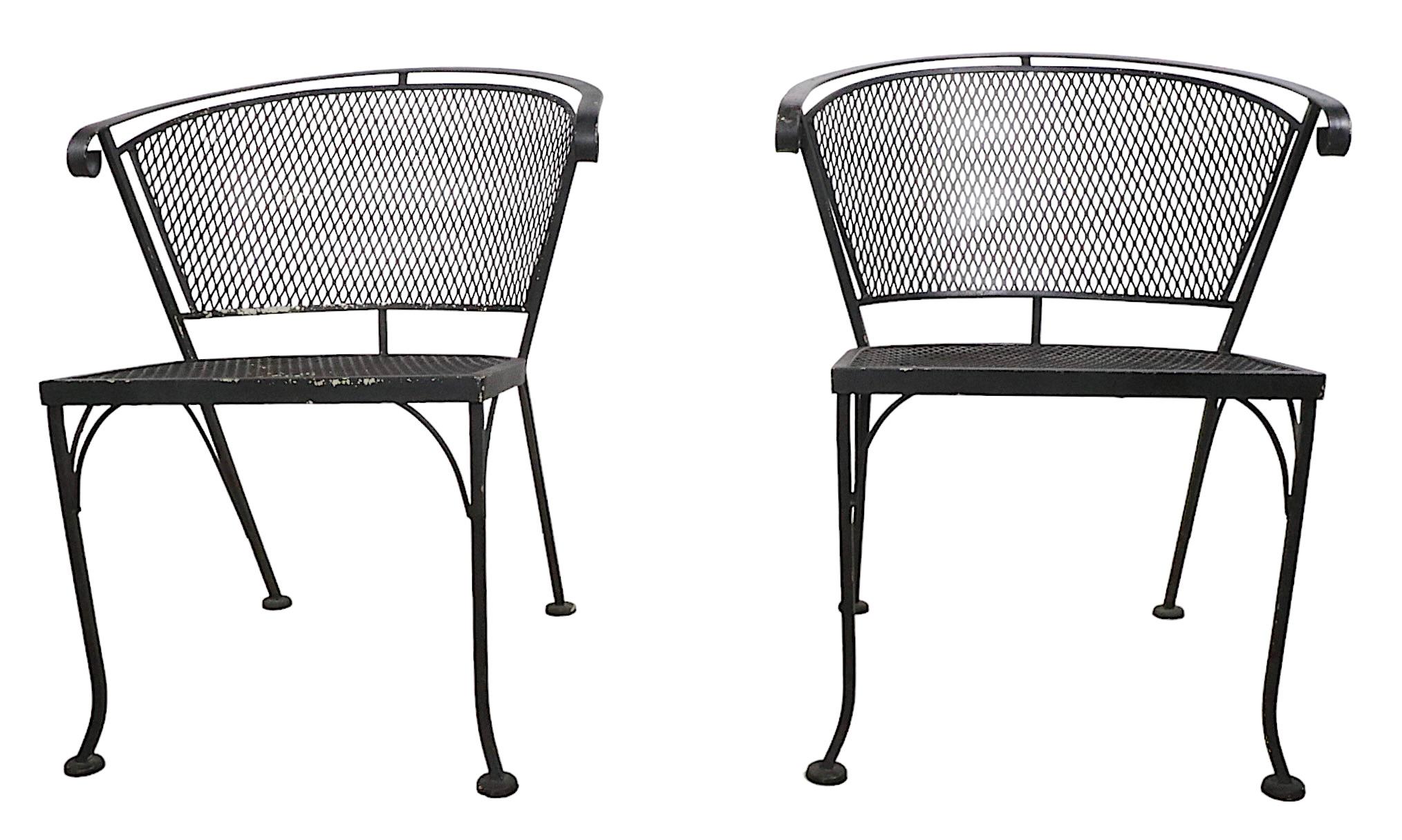 Pr Vintage  Woodard Garden Patio Poolside Chairs in Wrought Iron and Metal Mesh  3