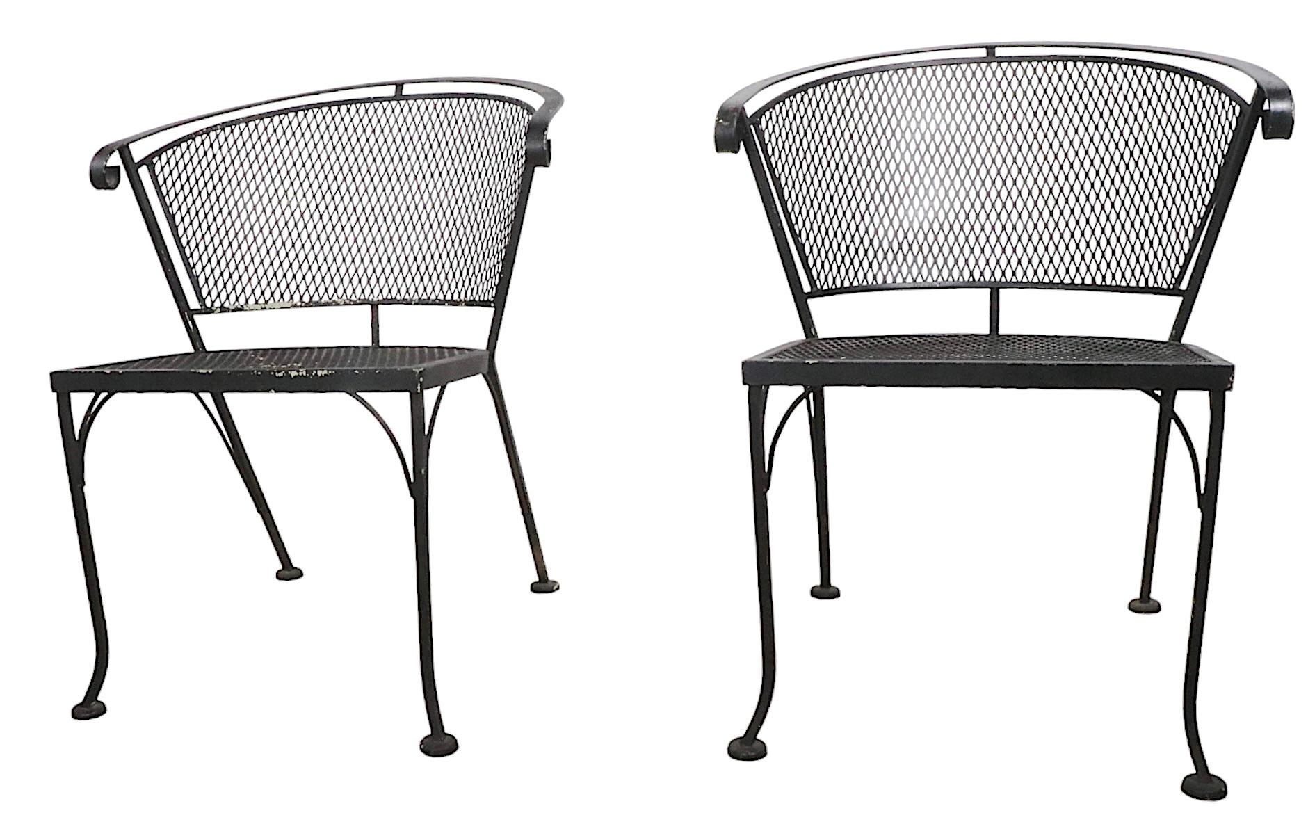 Pr Vintage  Woodard Garden Patio Poolside Chairs in Wrought Iron and Metal Mesh  1