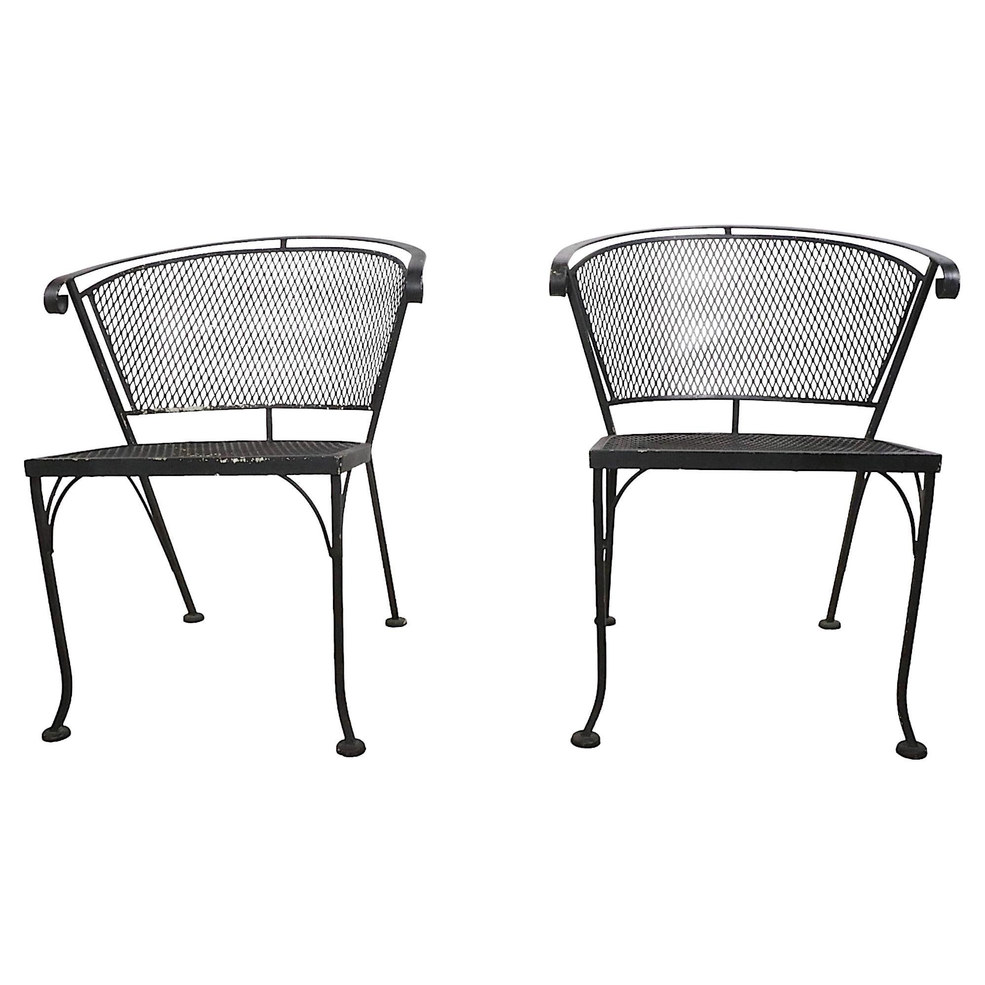 Pr Vintage  Woodard Garden Patio Poolside Chairs in Wrought Iron and Metal Mesh 
