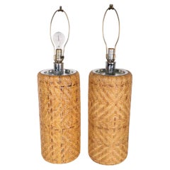 Pr. Woven Wicker and Chrome Table Lamps by Kovacs, circa 1970s