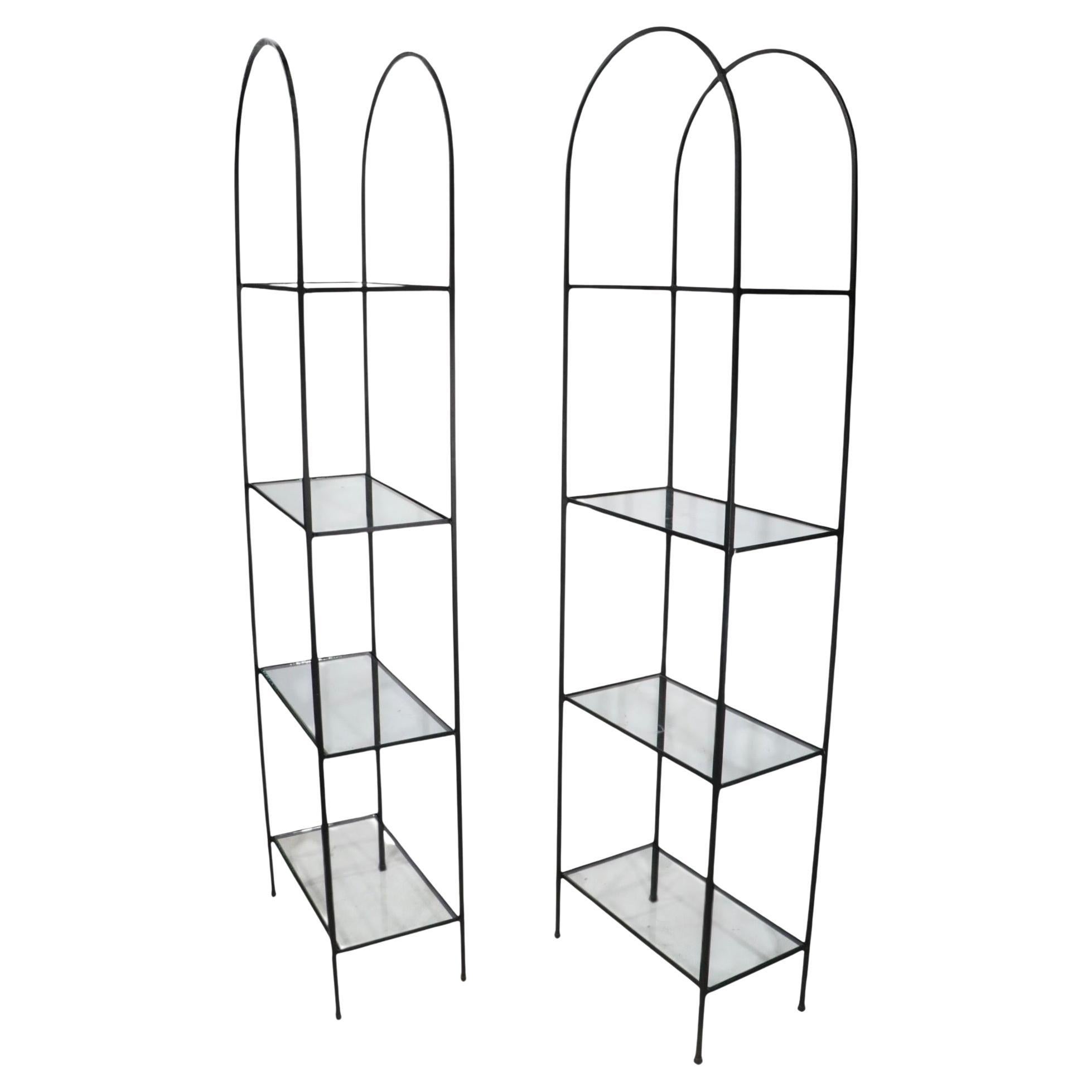 Pr. Wrought Iron and Glass Arch Top Shelf Units