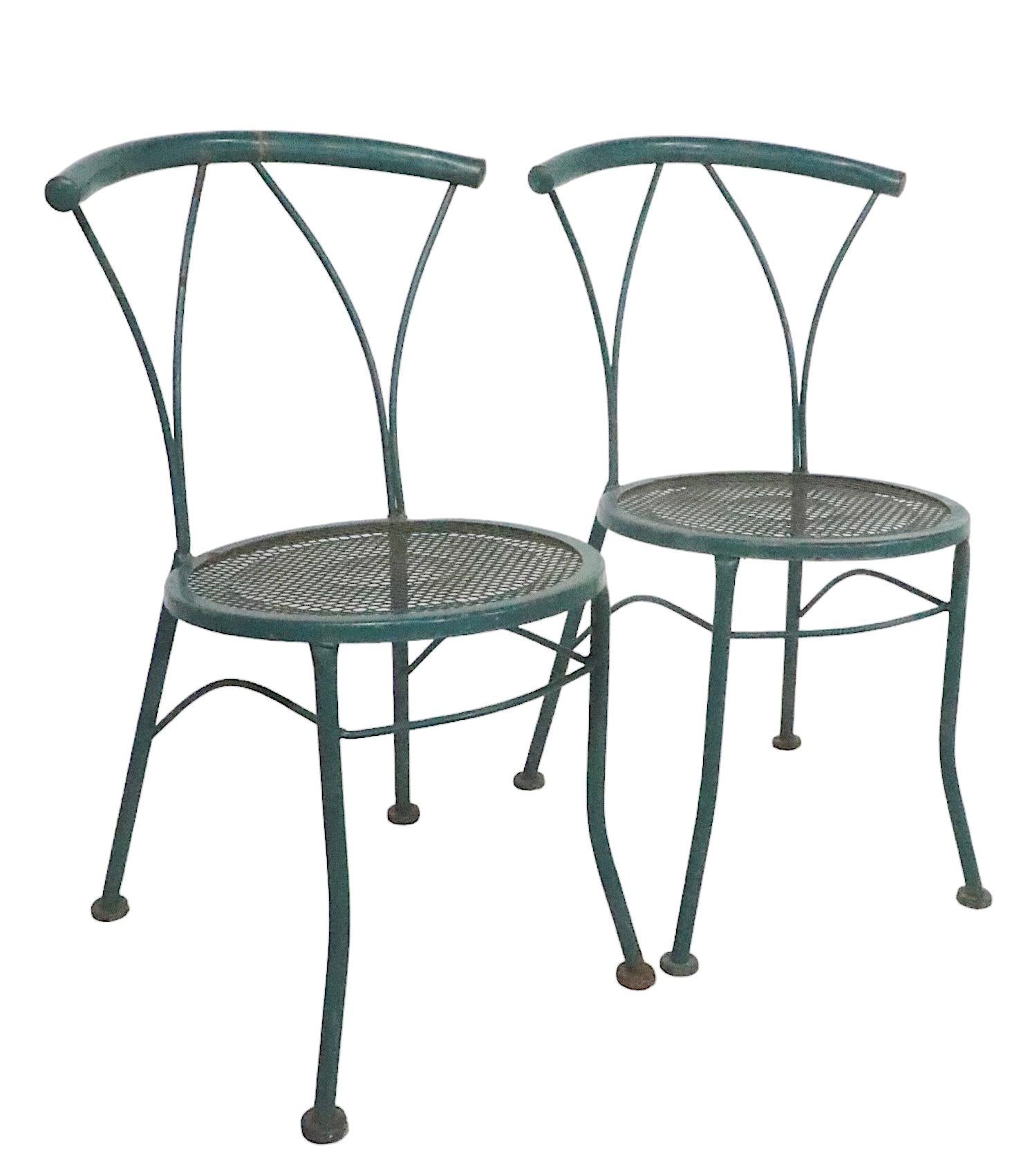 20th Century Pr. Wrought Iron and Metal Mesh Garden Patio Poolside Bistro Cafe  Dining Chairs For Sale