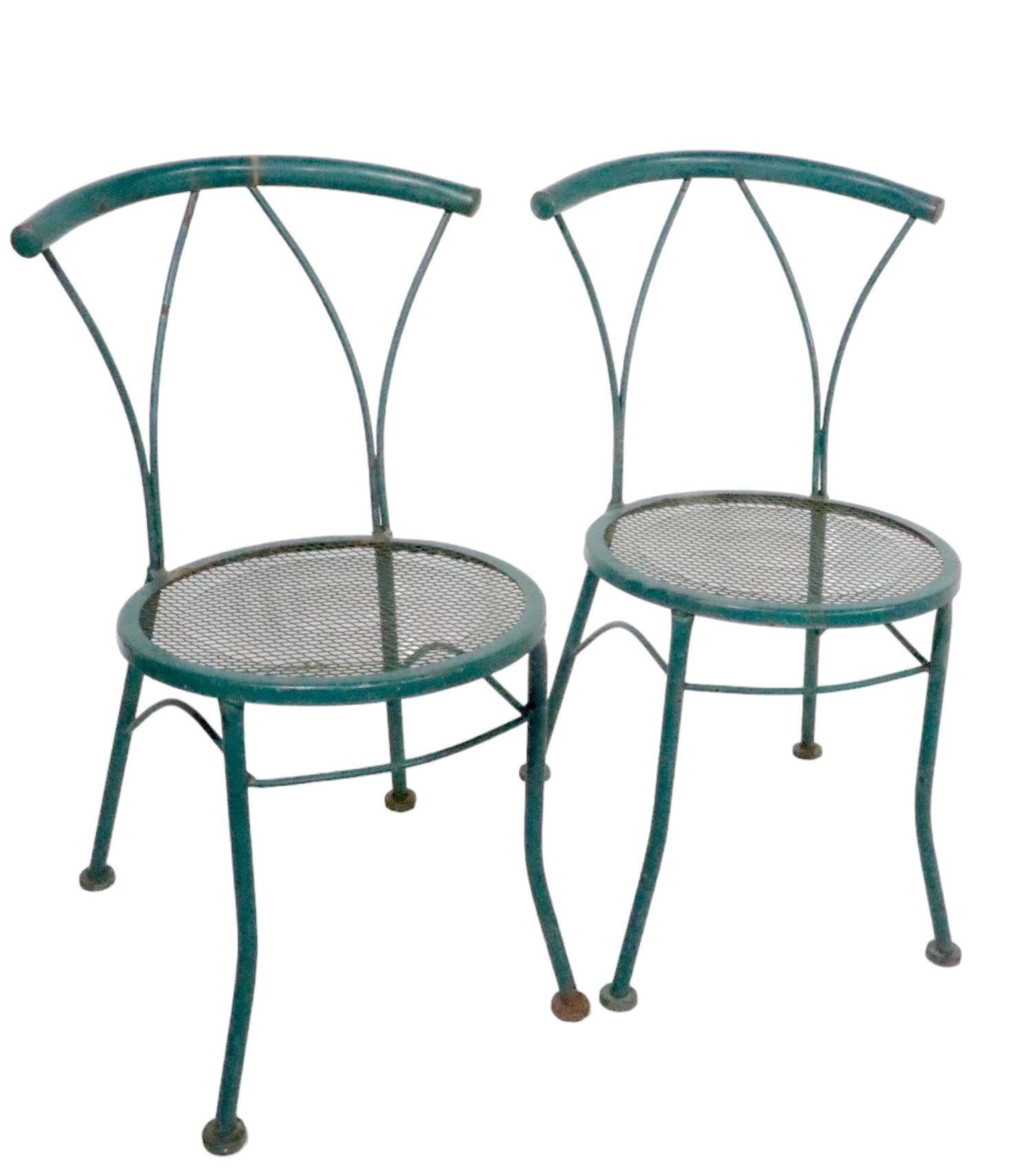Pr. Wrought Iron and Metal Mesh Garden Patio Poolside Bistro Cafe  Dining Chairs For Sale 1