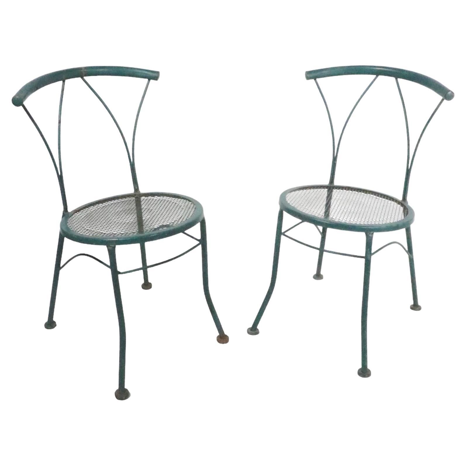 Pr. Wrought Iron and Metal Mesh Garden Patio Poolside Bistro Cafe  Dining Chairs For Sale