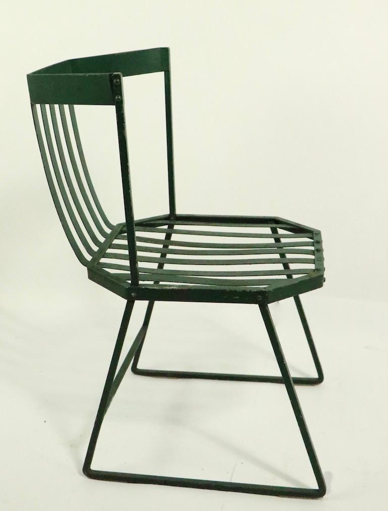 Pair of Wrought Iron and Metal Strap Modernist Garden Patio Chairs 4