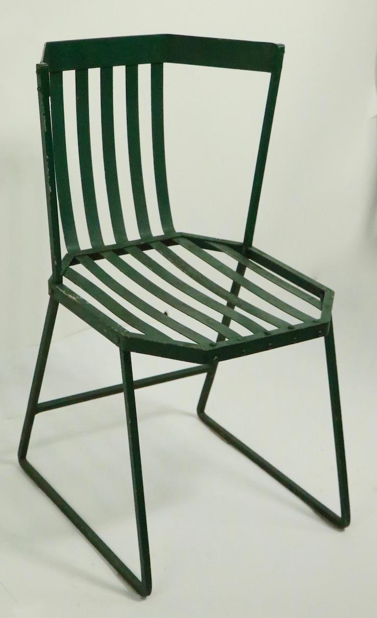 Pair of Wrought Iron and Metal Strap Modernist Garden Patio Chairs 10