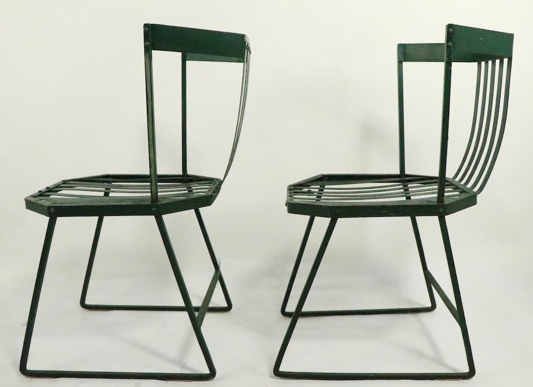 Pair of Wrought Iron and Metal Strap Modernist Garden Patio Chairs 11