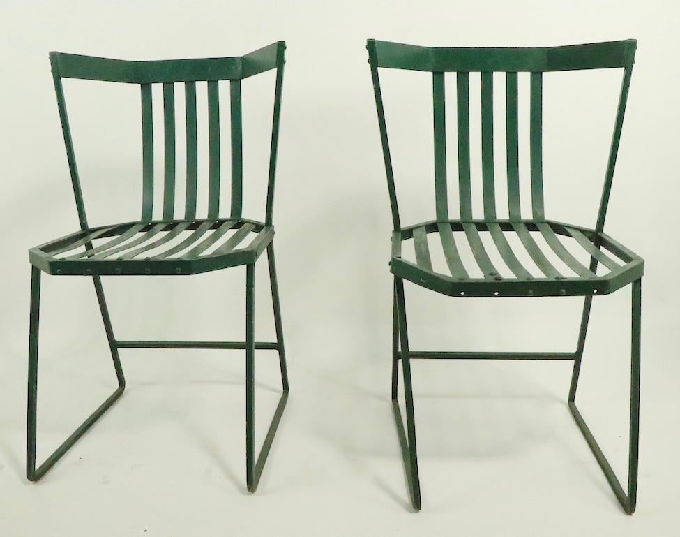 Pair of Wrought Iron and Metal Strap Modernist Garden Patio Chairs 12
