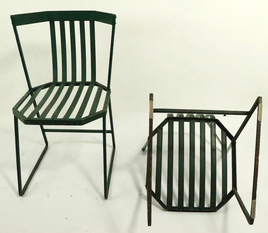 Pair of Wrought Iron and Metal Strap Modernist Garden Patio Chairs 13