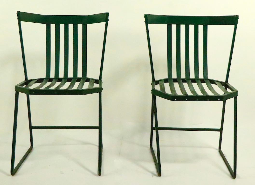 Very well designed modernist dining height side chairs, circa 1930s possibly French in origin. One chair shows a slight bruise in the seat frame, it is stabile and sturdy, but looks like it has had an impact at some point in time, please view images.