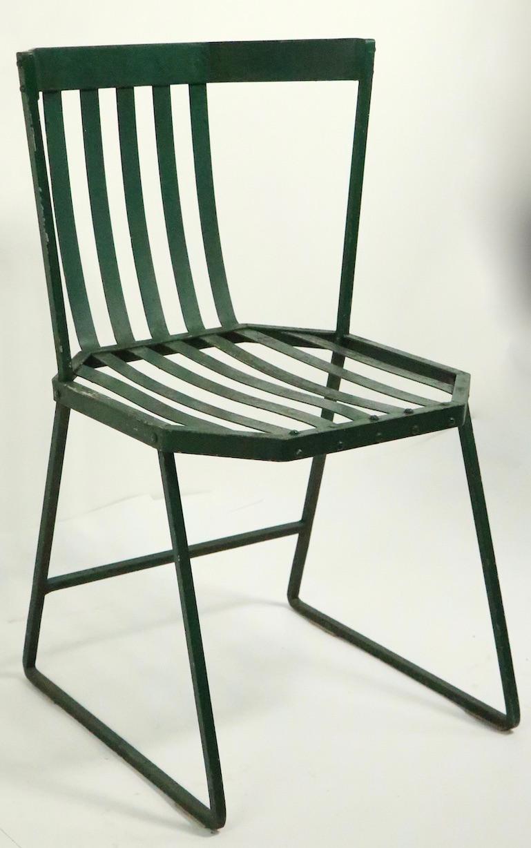 Mid-Century Modern Pair of Wrought Iron and Metal Strap Modernist Garden Patio Chairs