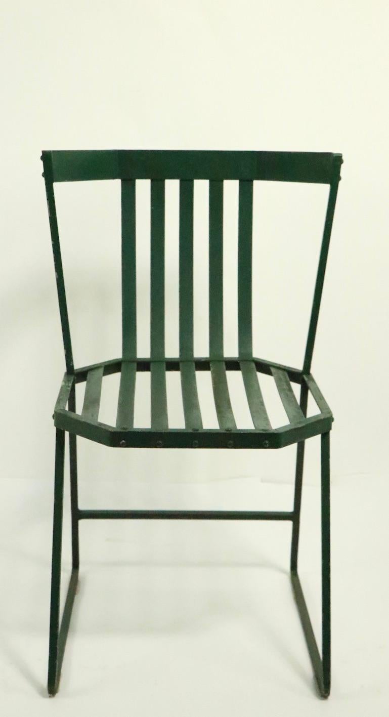 French Pair of Wrought Iron and Metal Strap Modernist Garden Patio Chairs