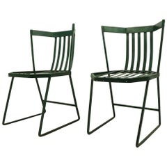 Used Pair of Wrought Iron and Metal Strap Modernist Garden Patio Chairs