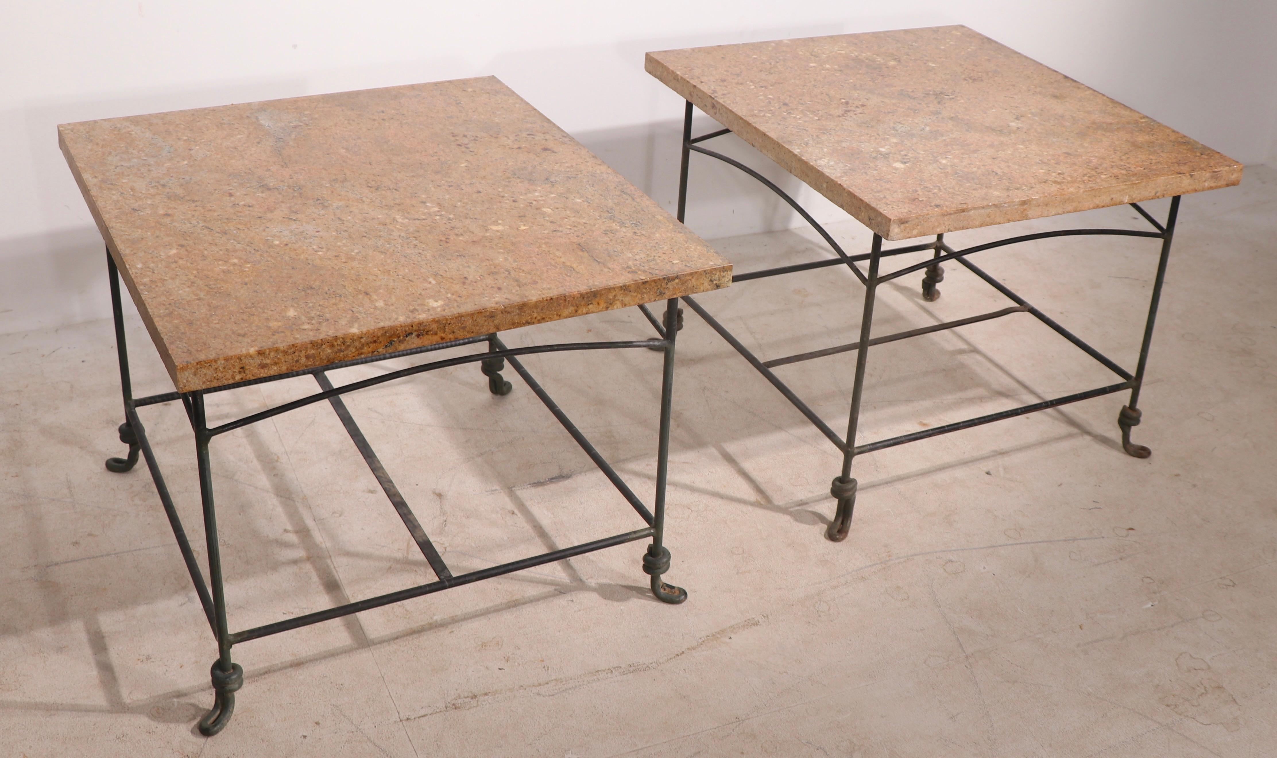 Pr. Wrought Iron Garden Patio End Tables with Polished Granite Tops In Good Condition In New York, NY