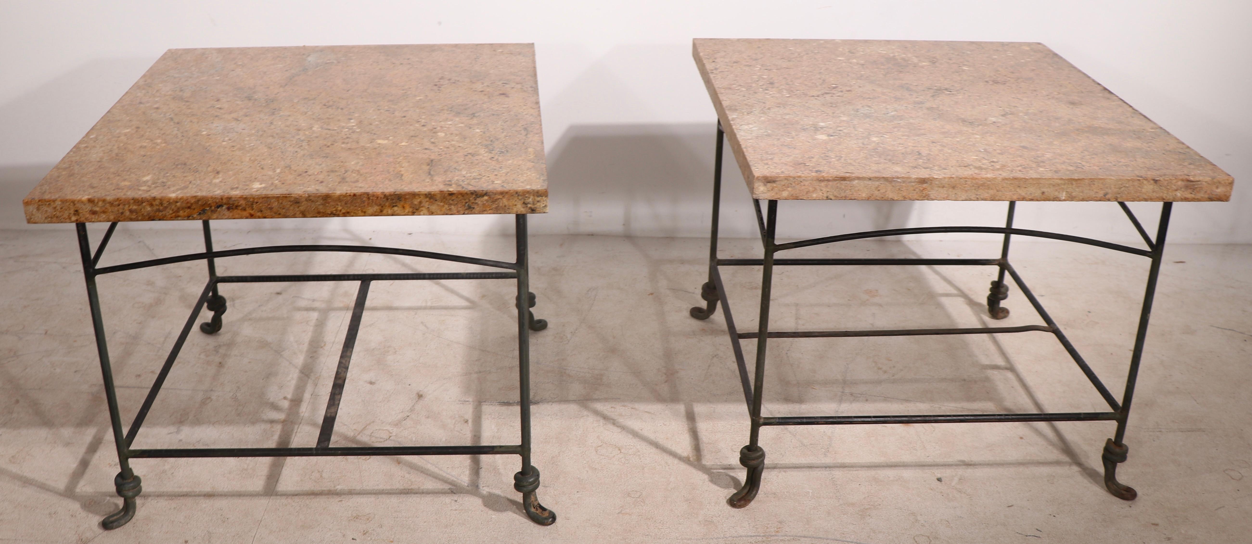 20th Century Pr. Wrought Iron Garden Patio End Tables with Polished Granite Tops
