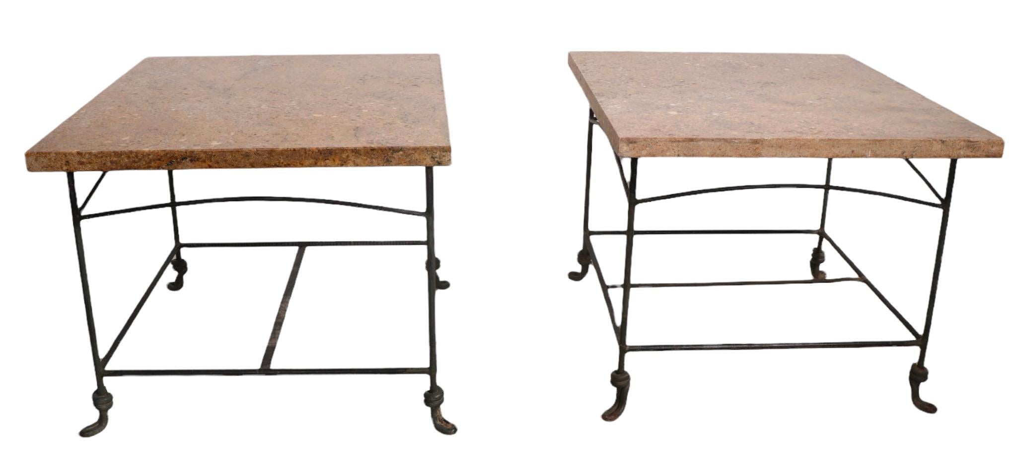 Pr. Wrought Iron Garden Patio End Tables with Polished Granite Tops 3